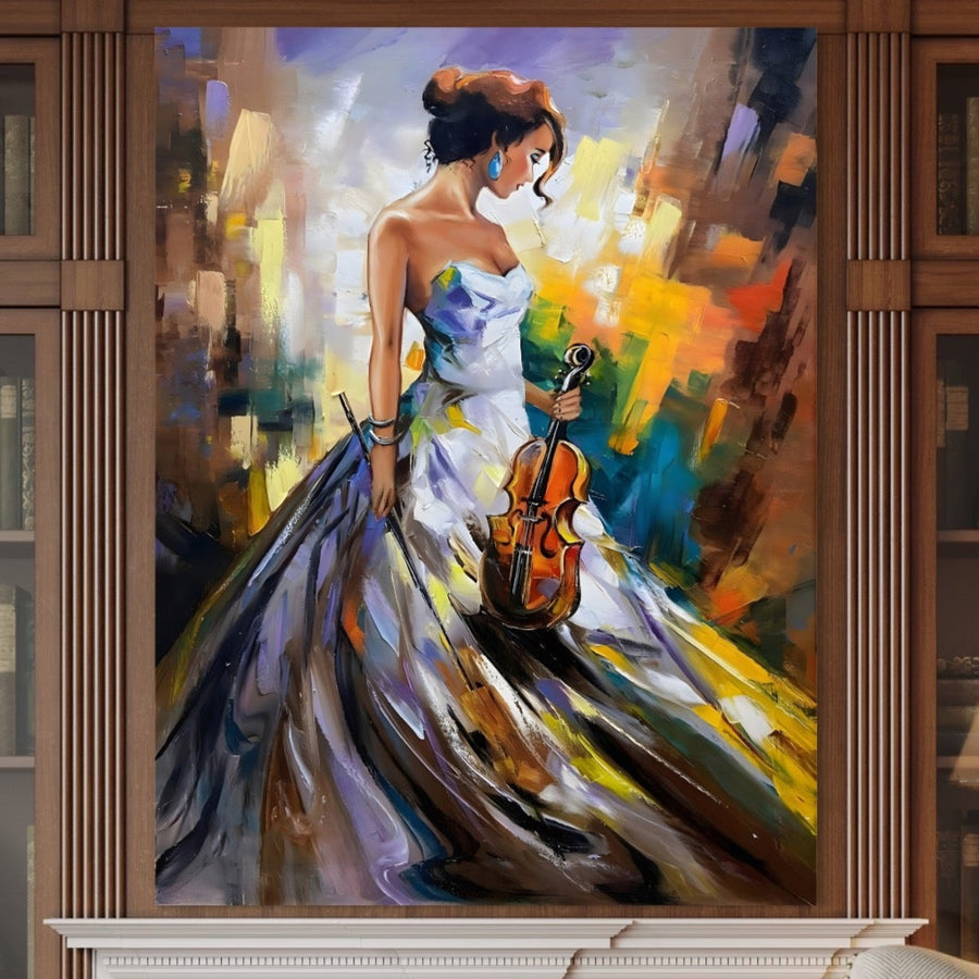 Tablou Canvas Premium LuxCanva® A1306, "Fata Cu Vioara," prezintă o femeie elegantă cu vioară pe un fundal vibrant și decorează perfect peretele unui living sau dormitor.