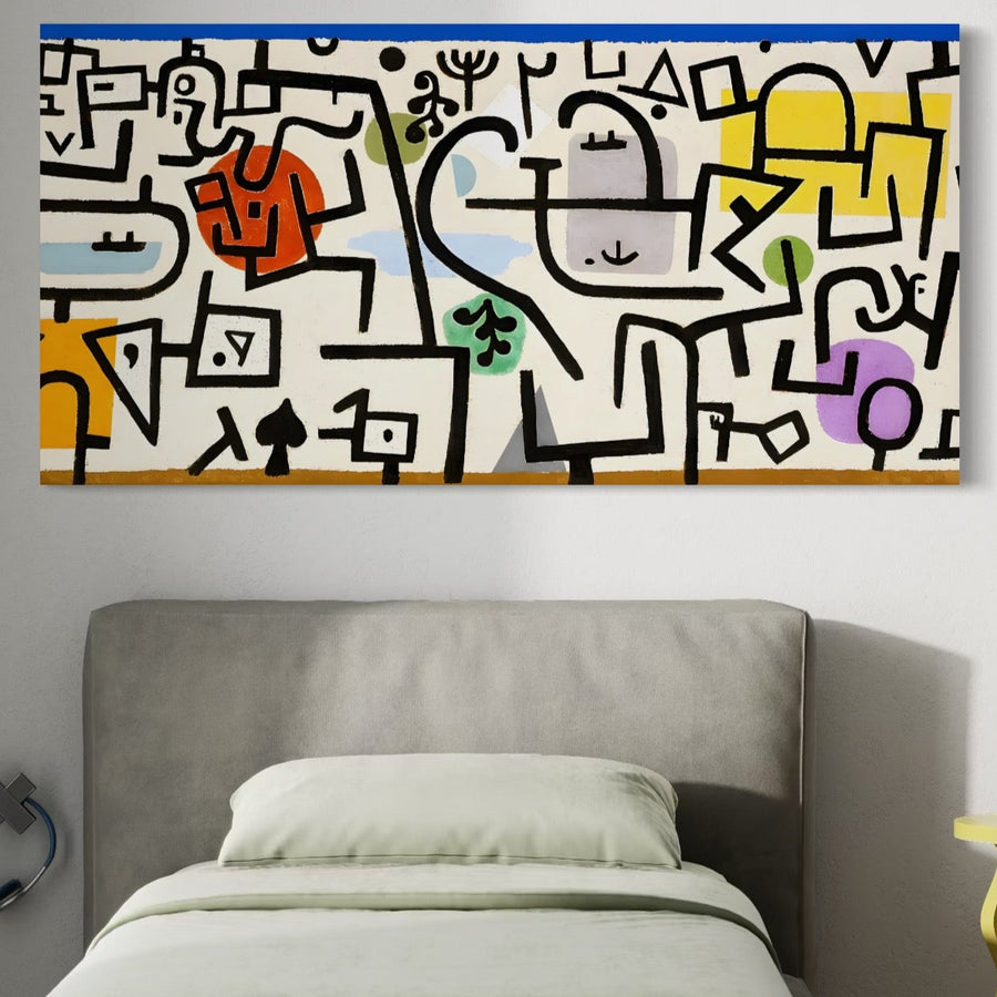 Tablou Canvas Premium LuxCanva® A1627, Rich Harbour, inspirat de Paul Klee, cu formă geometrică și culori vibrante, decorează perfect dormitorul sau camera copilului-ideal pentru cei care caută printuri de calitate.