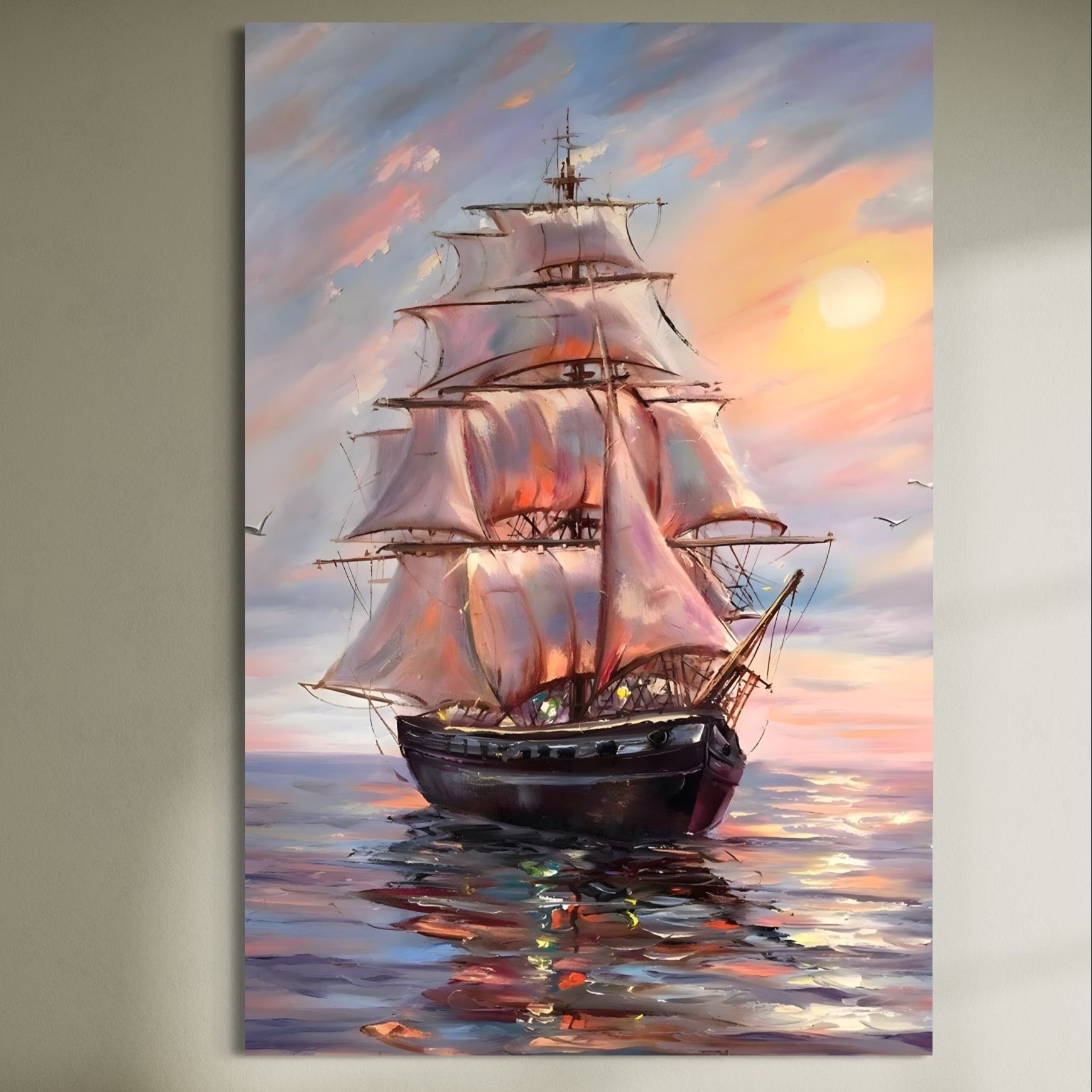 Tablou Canvas Premium LuxCanva® A1304, Vapor Pe Mare, Living, Vele, Rasarit, Pasari, Catarg, Dormitor, Culori Vibrante