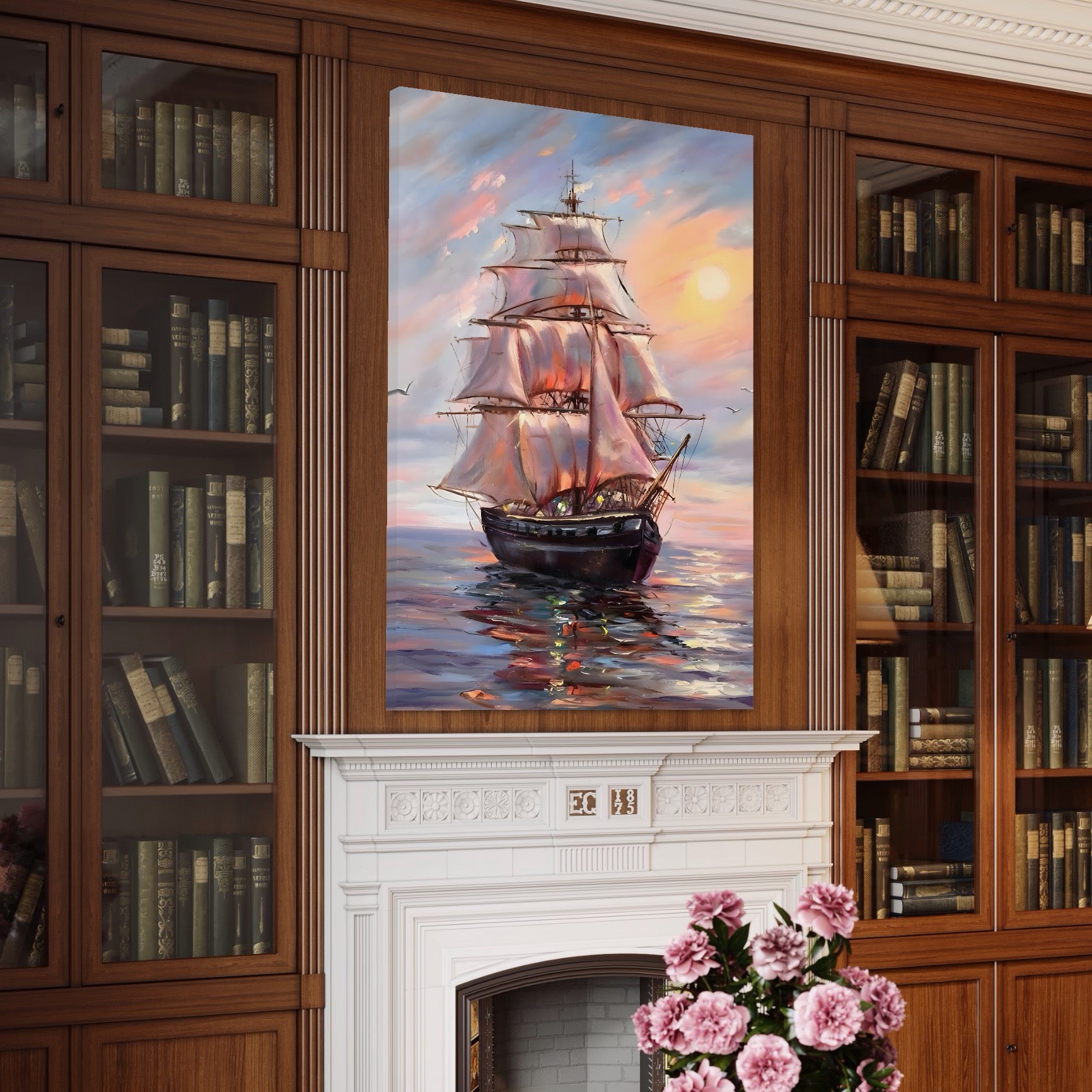 Tablou Canvas Premium LuxCanva® A1304, Vapor Pe Mare, Living, Vele, Rasarit, Pasari, Catarg, Dormitor, Culori Vibrante