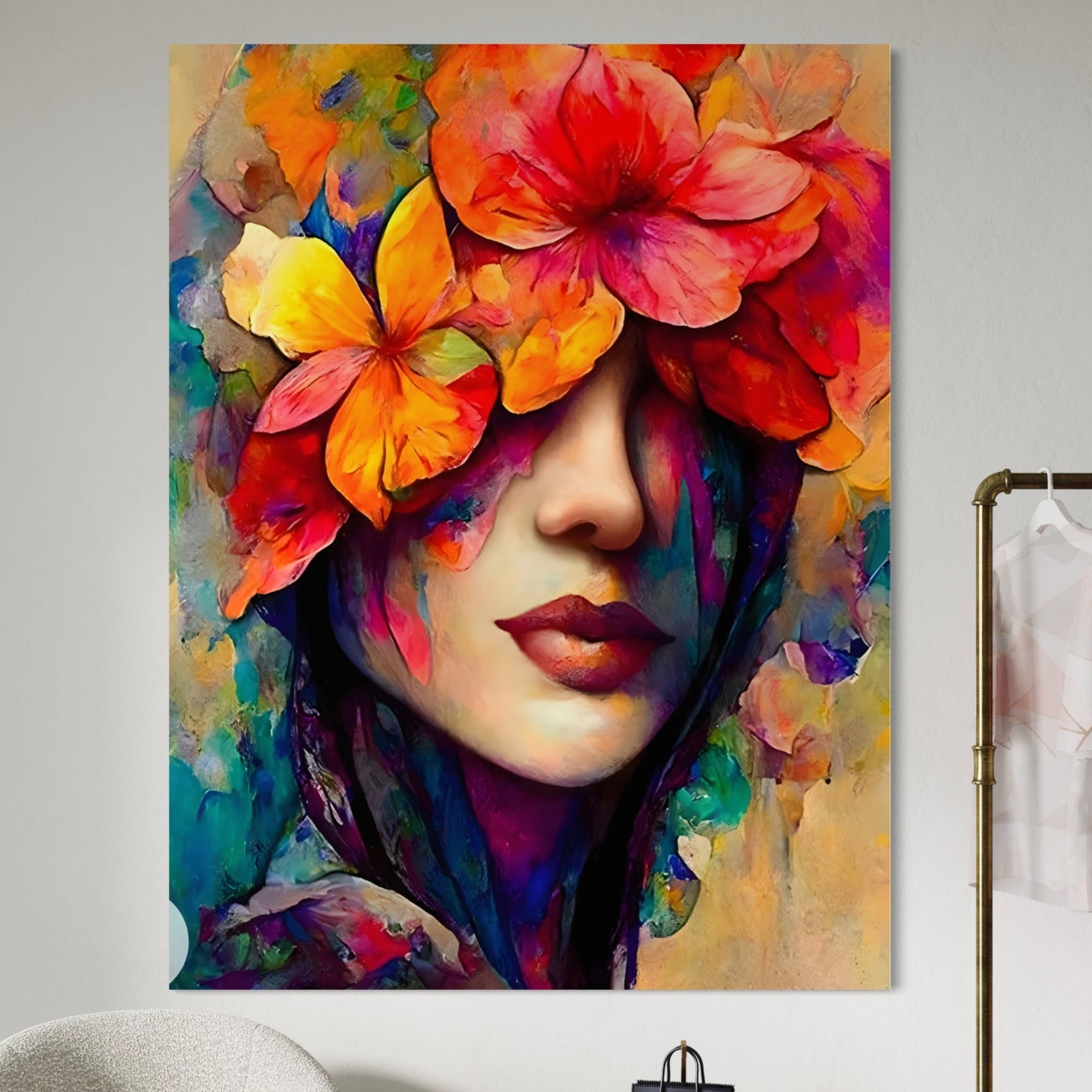 Tablou Canvas Premium LuxCanva® A1302, Flowers In Hair, Living, Fata, Flori Colorate, Arta, Zambet, Dormitor, Culori Vibrante