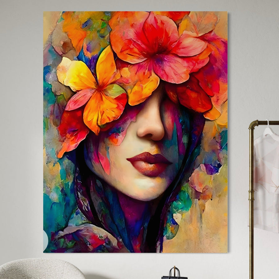 LuxCanva® Tablou Canvas Premium A1302 prezintă chipul unei femei zâmbitoare împodobit cu flori vibrante și colorate - o imprimare artistică, de înaltă calitate, ideală pentru a adăuga energie și stil sufrageriei sau dormitorului dumneavoastră.
