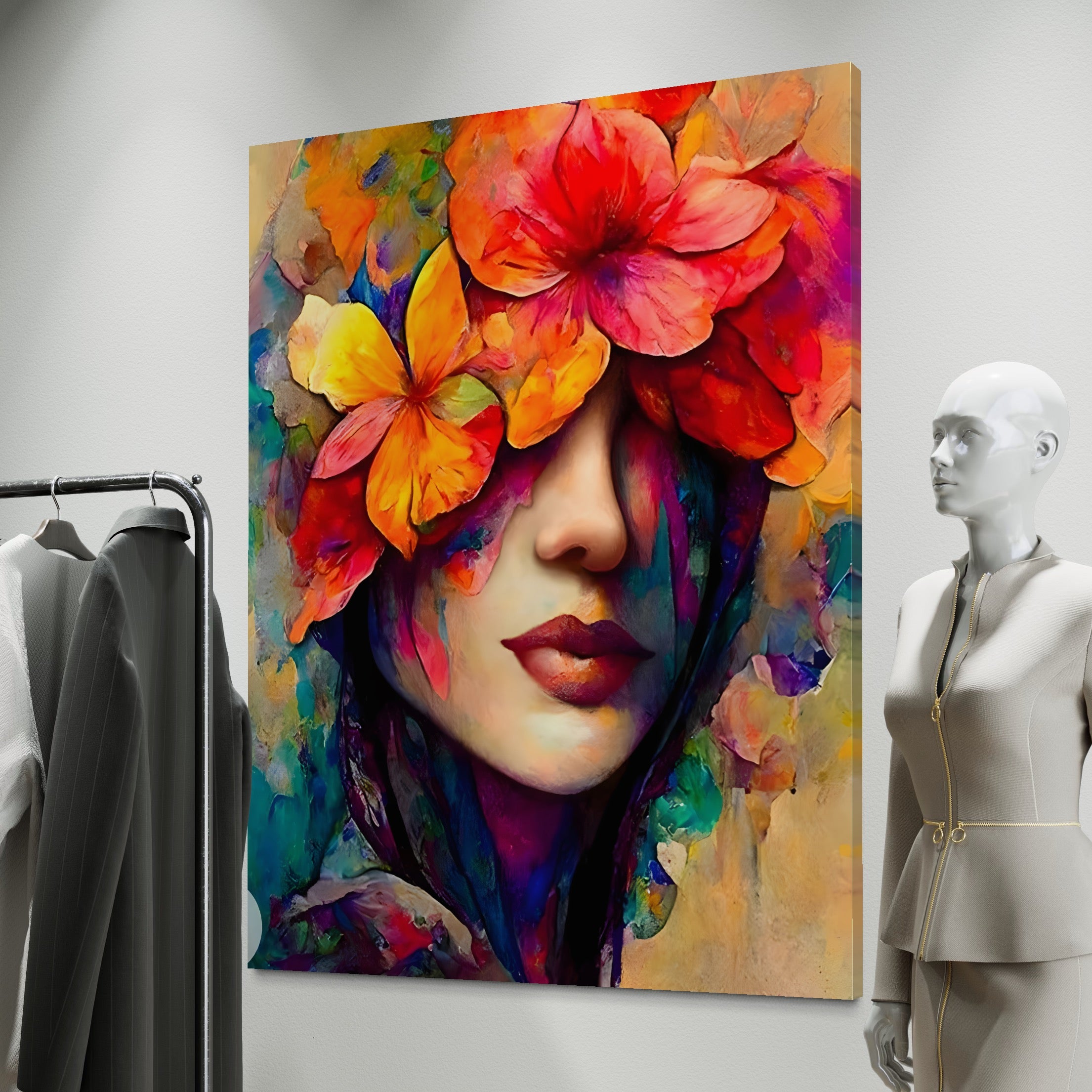 Tablou Canvas Premium LuxCanva® A1302, Flowers In Hair, Living, Fata, Flori Colorate, Arta, Zambet, Dormitor, Culori Vibrante