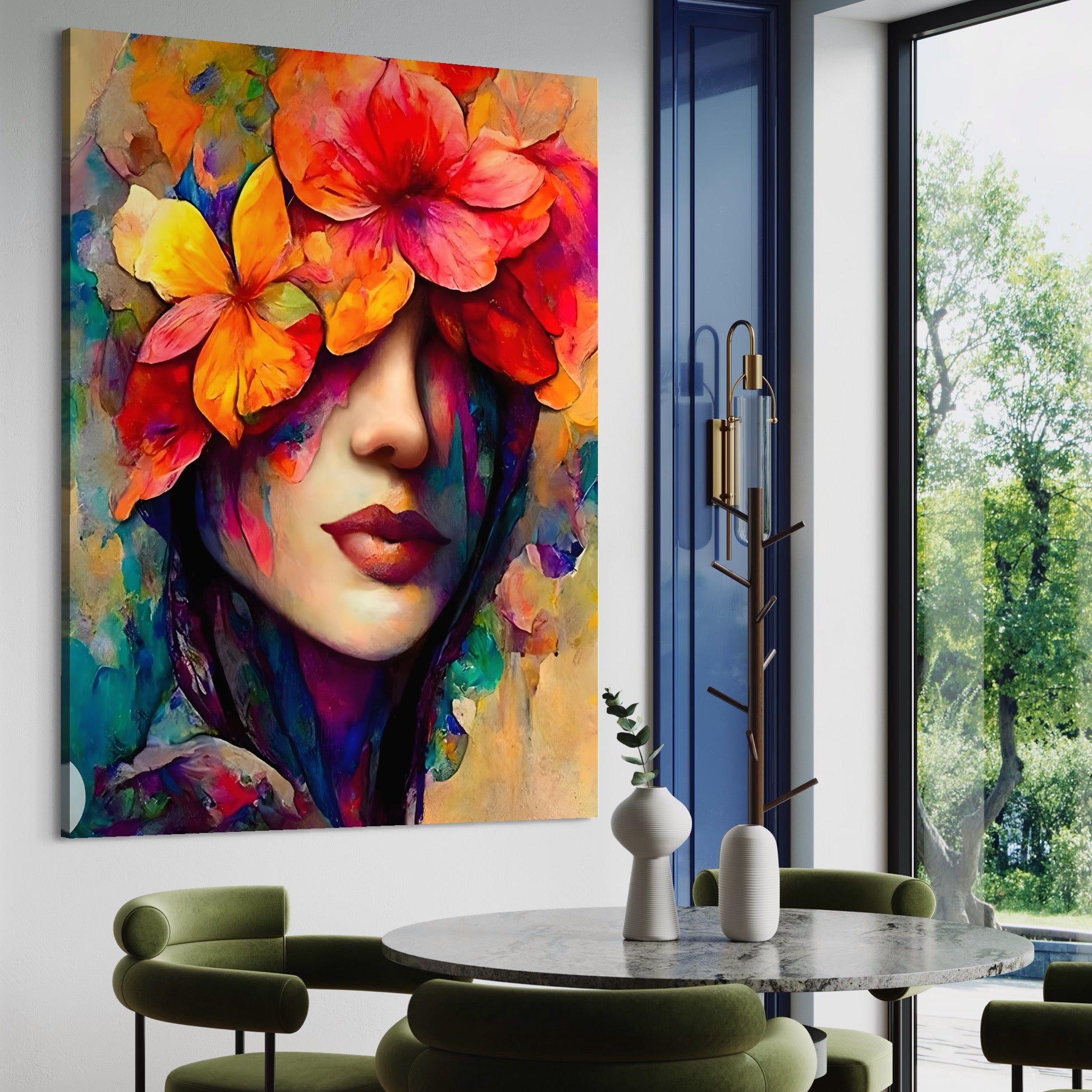 Tablou Canvas Premium LuxCanva® A1302, Flowers In Hair, Living, Fata, Flori Colorate, Arta, Zambet, Dormitor, Culori Vibrante