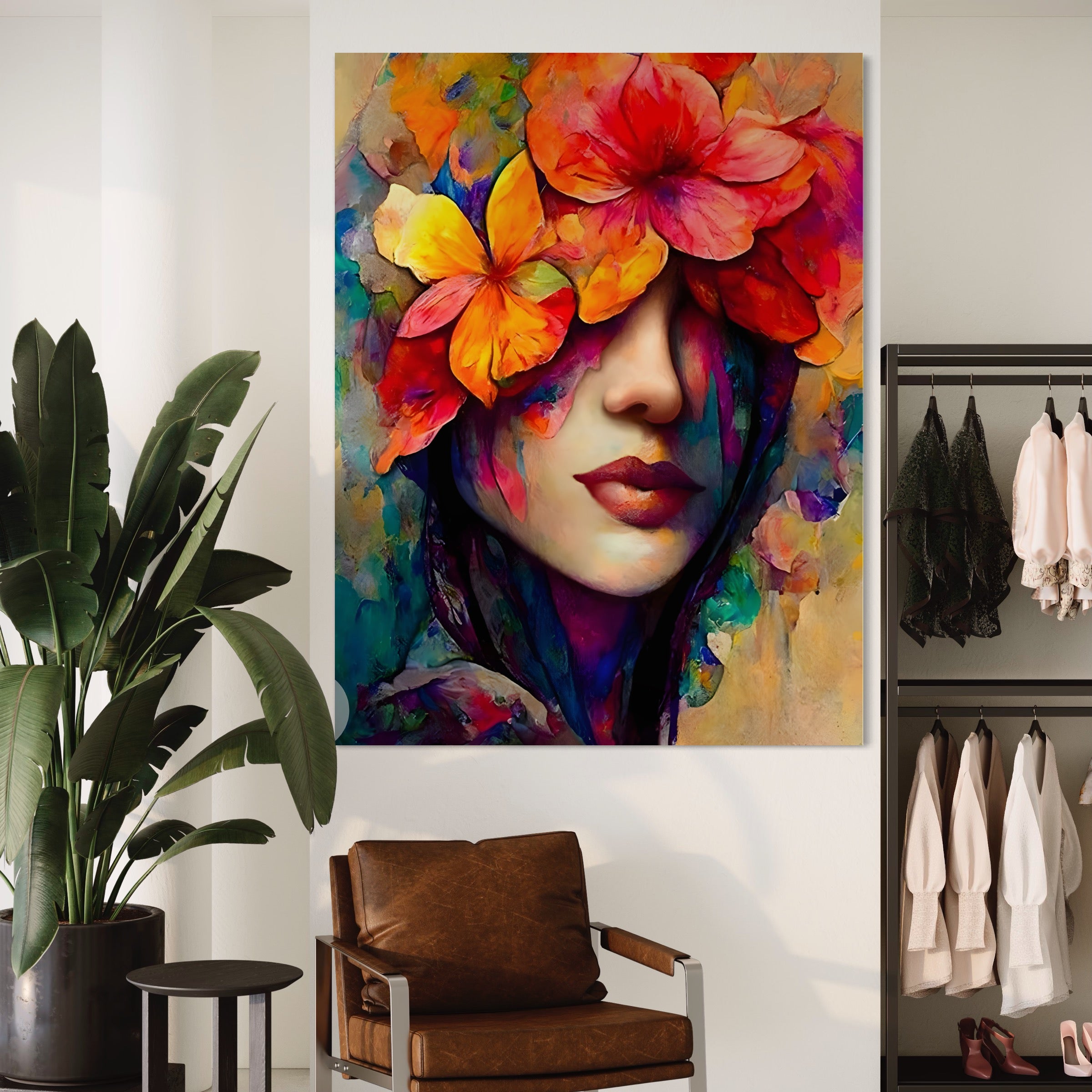 Tablou Canvas Premium LuxCanva® A1302, Flowers In Hair, Living, Fata, Flori Colorate, Arta, Zambet, Dormitor, Culori Vibrante