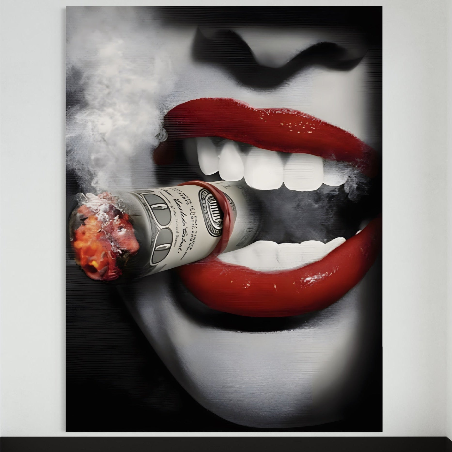 Tablou Canvas Premium LuxCanva® A1301, Dollar Cigarette, Living, Buze Rosii, Femeie, Fum, Cash, Dressing, Culori Vibrante