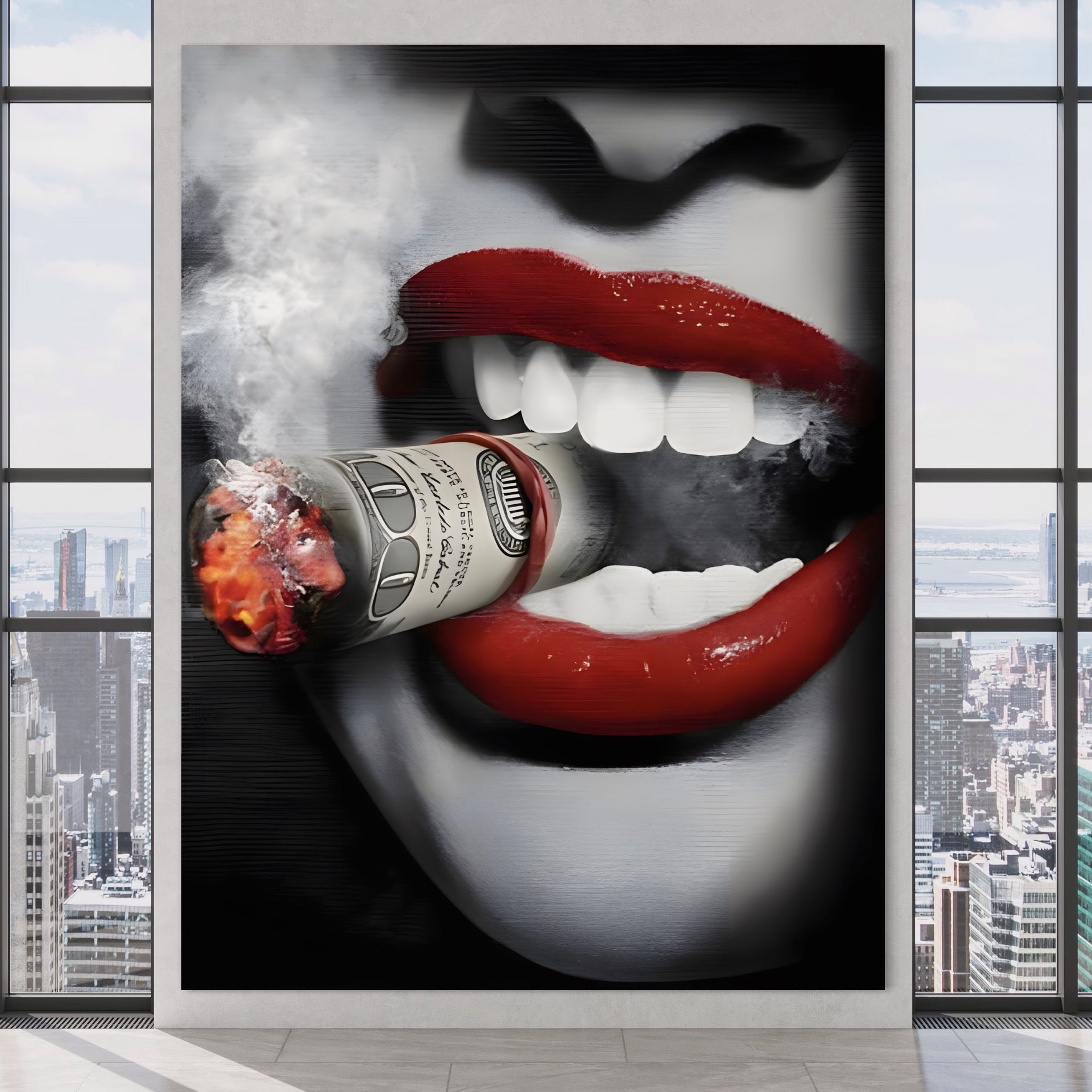 Tablou Canvas Premium LuxCanva® A1301, Dollar Cigarette, Living, Buze Rosii, Femeie, Fum, Cash, Dressing, Culori Vibrante