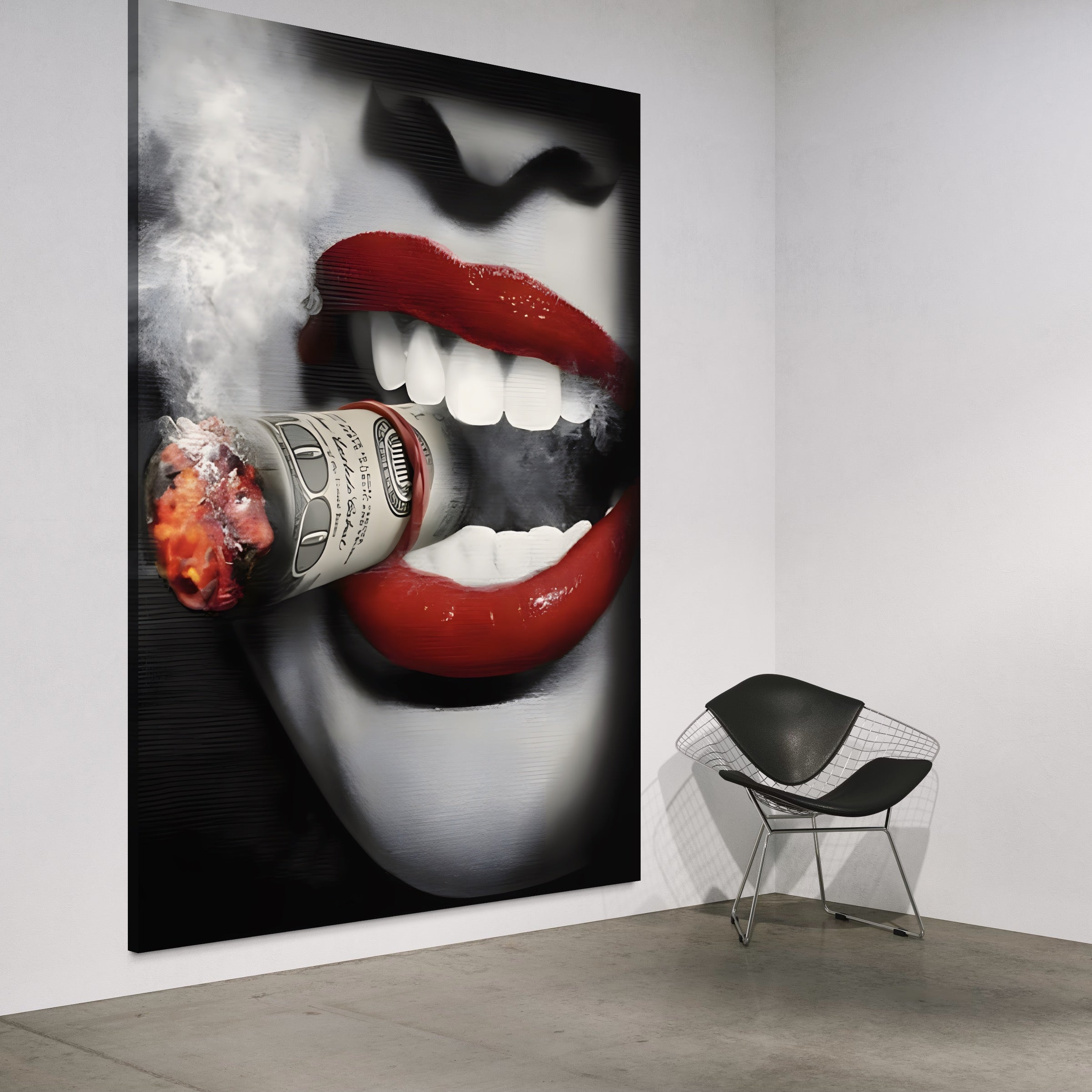 Tablou Canvas Premium LuxCanva® A1301, Dollar Cigarette, Living, Buze Rosii, Femeie, Fum, Cash, Dressing, Culori Vibrante