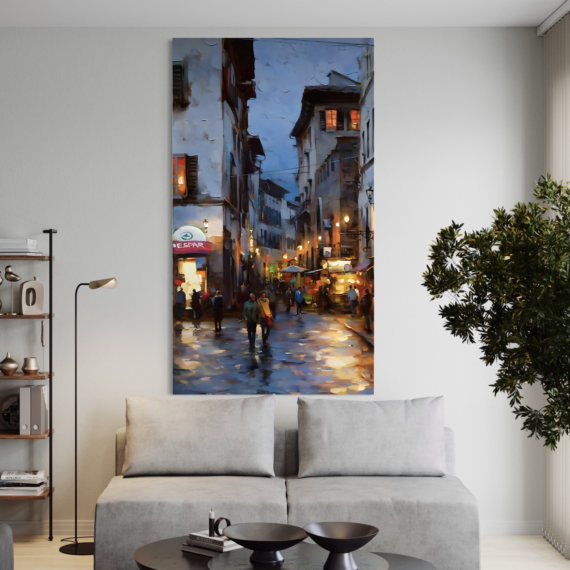 Tablou Canvas Premium LuxCanva® A1299, Prin Oras, Living, Oameni, Seara, Terase, Magazine, Cafenea, Culori Vibrante