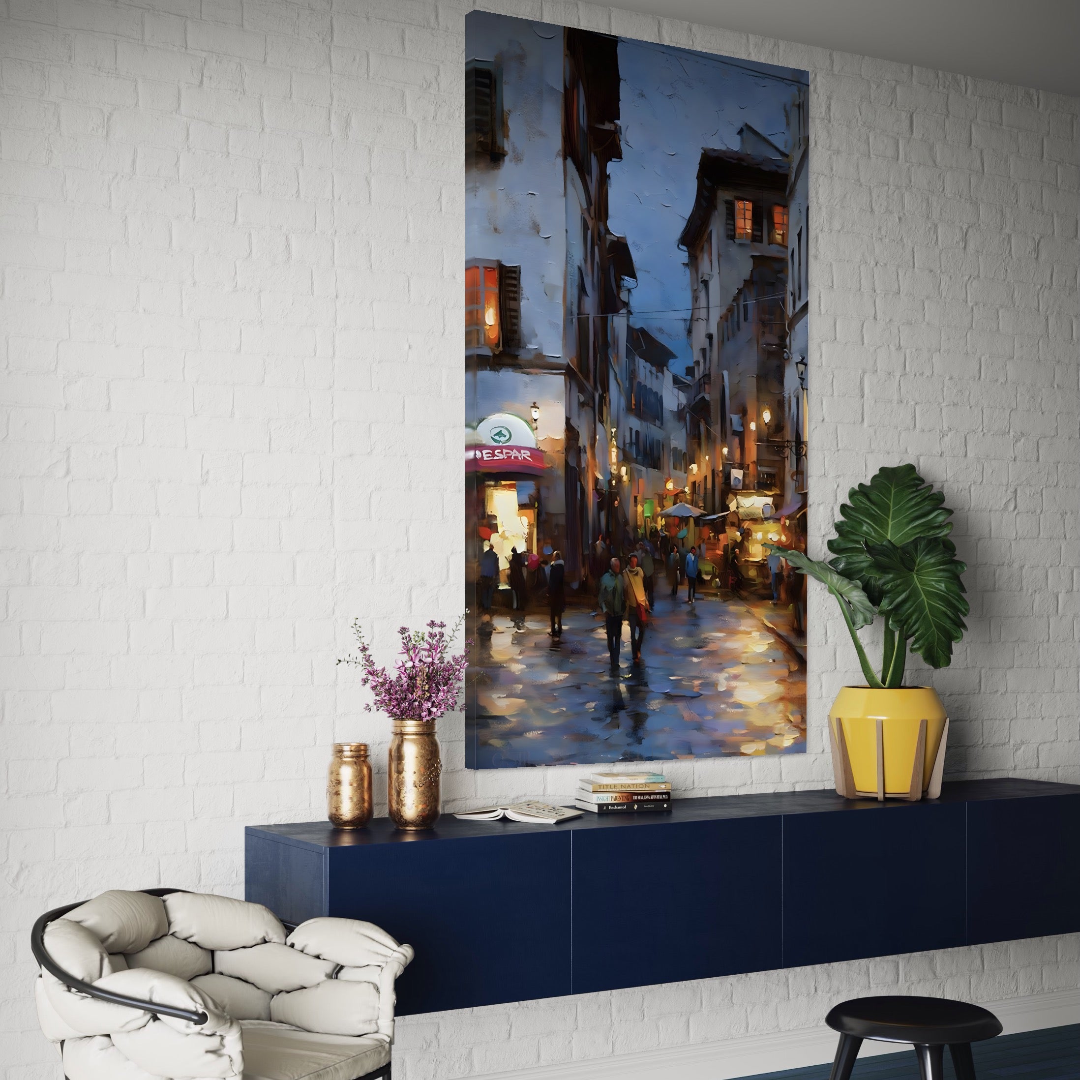 Tablou Canvas Premium LuxCanva® A1299, Prin Oras, Living, Oameni, Seara, Terase, Magazine, Cafenea, Culori Vibrante