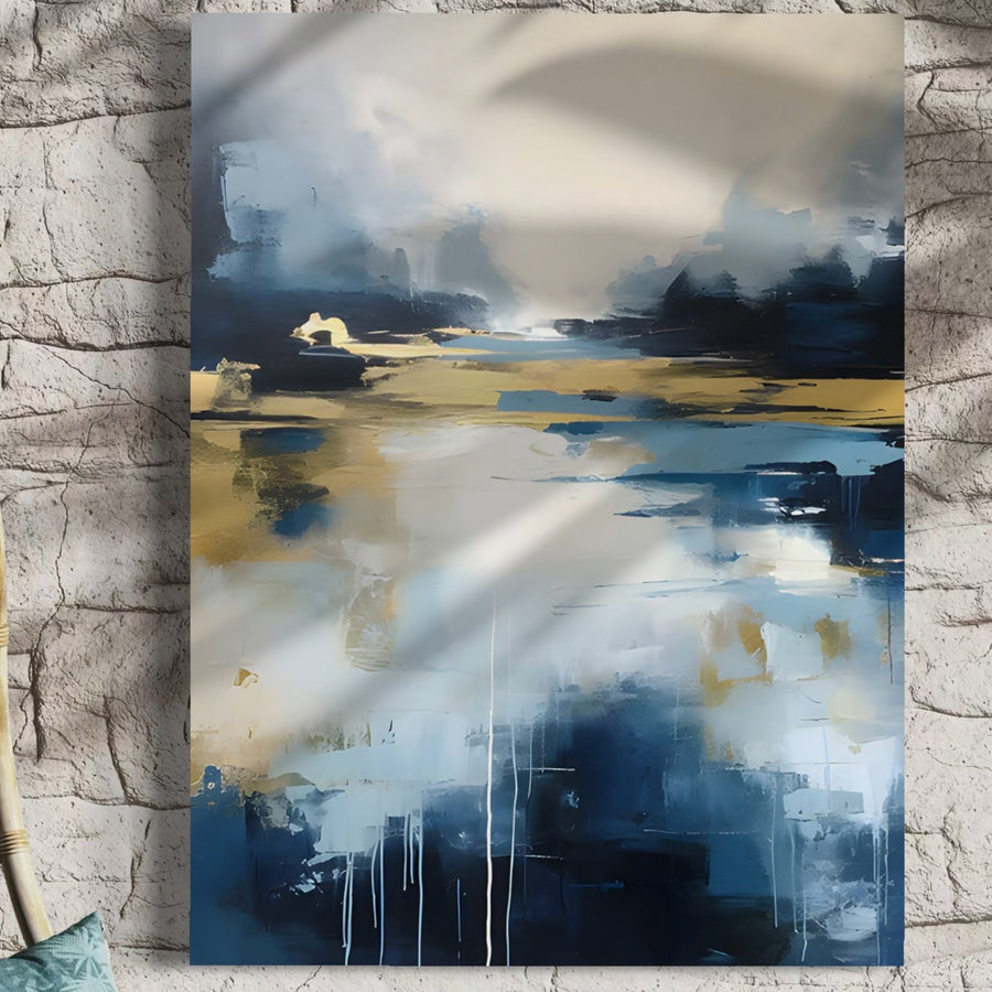 Tablou Canvas Premium LuxCanva® LuxCanva® A1641, Rasarit Abstract are culori vibrante și o scenă senină de apă reflectorizantă cu tonuri de albastru, alb, gri și galben - o artă decorativă perfectă pentru a adăuga eleganță dormitorului dumneavoastră.