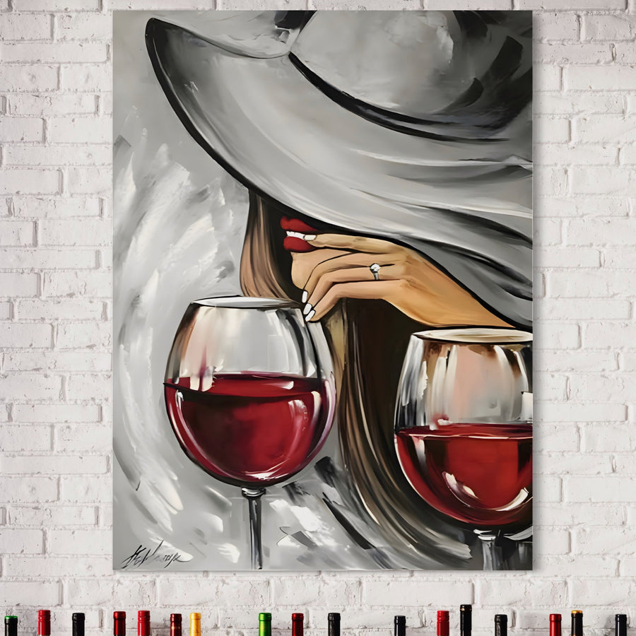 Tablou Canvas Premium LuxCanva® A1298 prezintă o femeie cu o pălărie mare, cu buze roșii și un inel de logodnă, ținând în mână un pahar de vin. Această operă de artă vibrantă LuxCanva® adaugă eleganță decorului oricărei camere de zi sau dormitor.