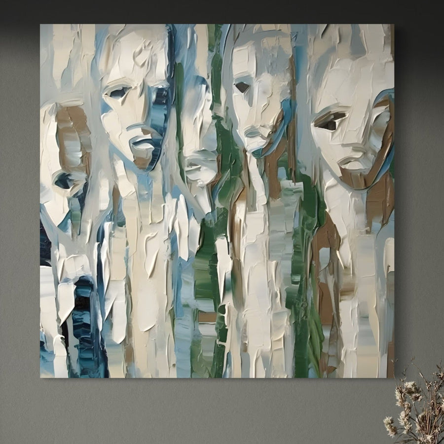 Tablou Canvas Premium LuxCanva® A1642, Poker Face, prezintă cinci siluete umane abstracte cu pensulații texturate în alb, bej, albastru și verde. Ideal pentru living sau dormitor, adaugă rafinament spațiului tău.