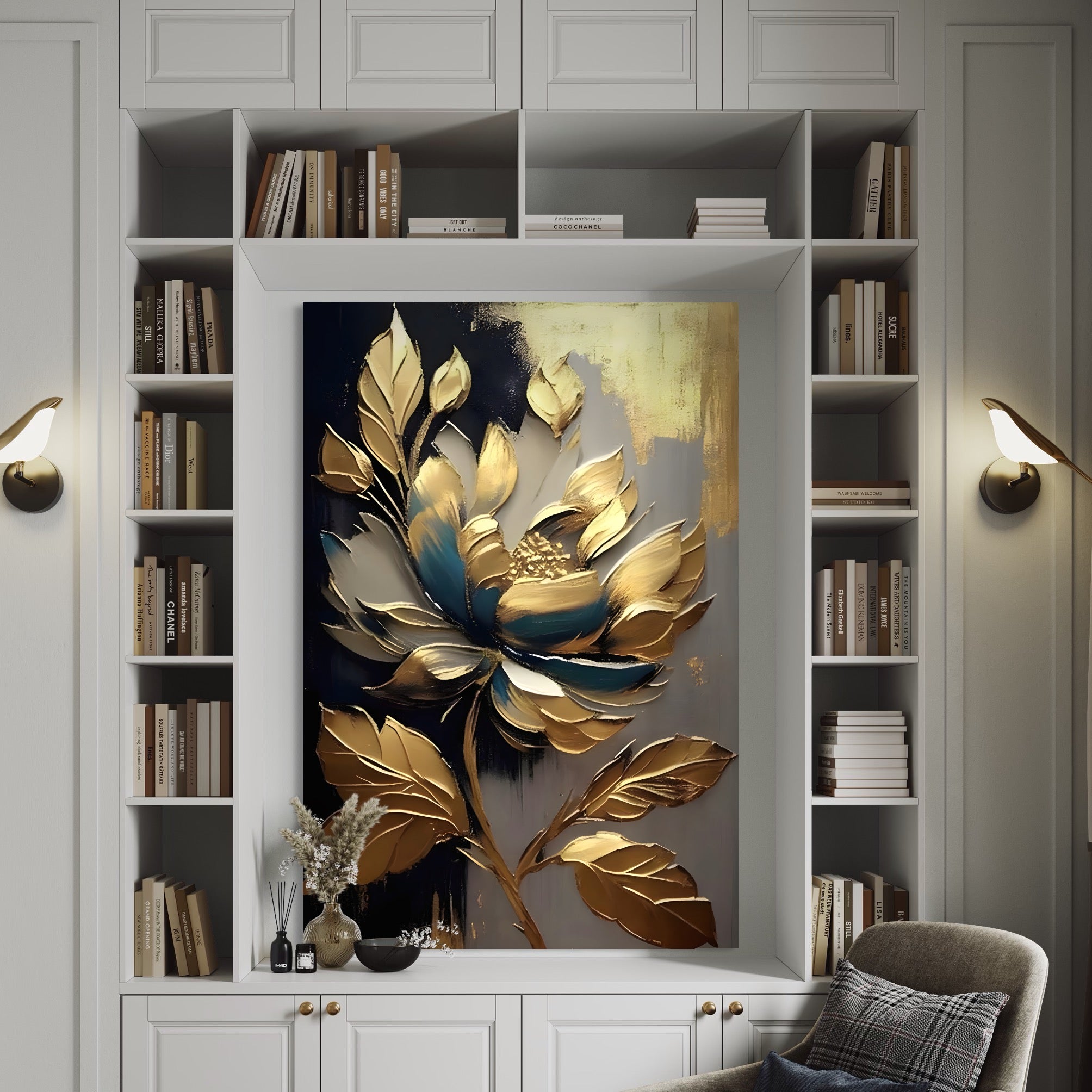 Tablou Canvas Premium LuxCanva® A1297, Gold Flowers, Living, Floare, Auriu, Frunze, Dormitor, Culori Vibrante
