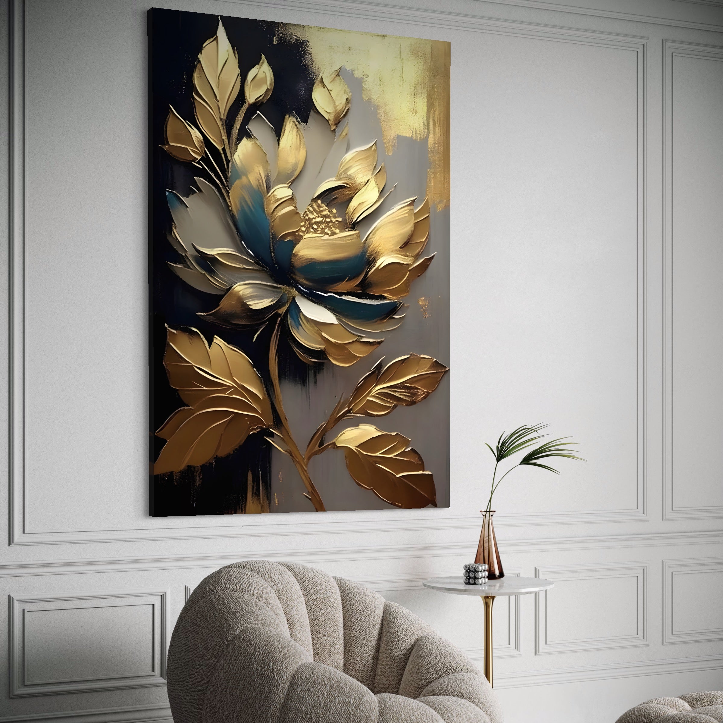 Tablou Canvas Premium LuxCanva® A1297, Gold Flowers, Living, Floare, Auriu, Frunze, Dormitor, Culori Vibrante