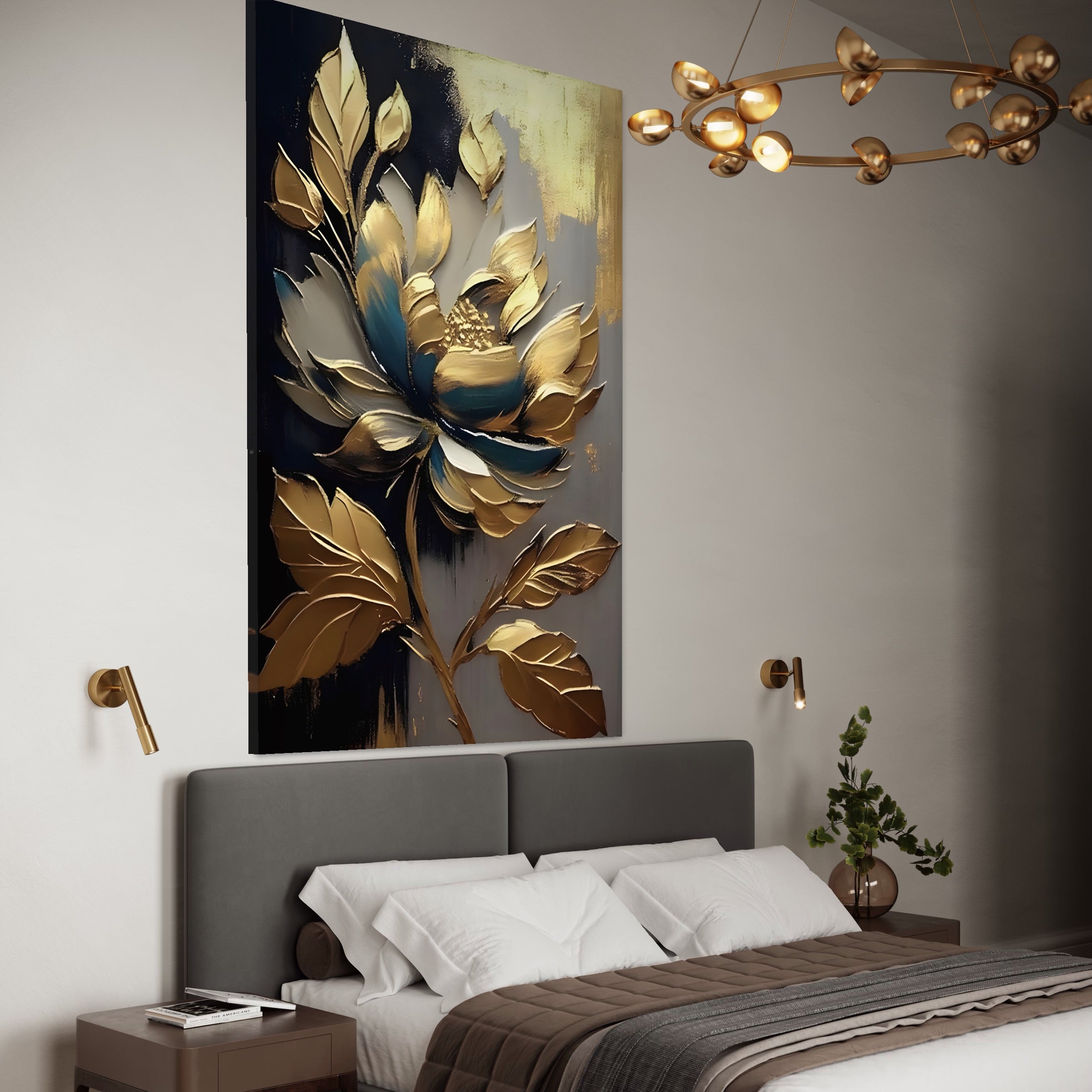 Tablou Canvas Premium LuxCanva® A1297, Gold Flowers, Living, Floare, Auriu, Frunze, Dormitor, Culori Vibrante
