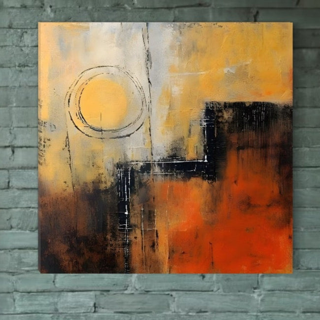 Tablou Canvas Premium LuxCanva® A1645, Infinite Flow: panza bumbac abstract cu cerc galben în stânga sus, linii și blocuri negre pe fundal cromatic vibrant-ideal pentru dormitor sau living modern, decorativ de perete, by LuxCanva®.