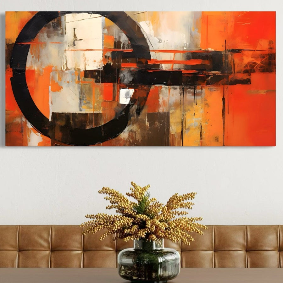 Tablou Canvas Premium LuxCanva® A1648 prezintă forme geometrice negre îndrăznețe cu tonuri vibrante de portocaliu, galben și alb. Această imprimare premium aduce stilul abstract modern în orice dormitor sau spațiu de locuit, ca un accent decorativ uimitor.