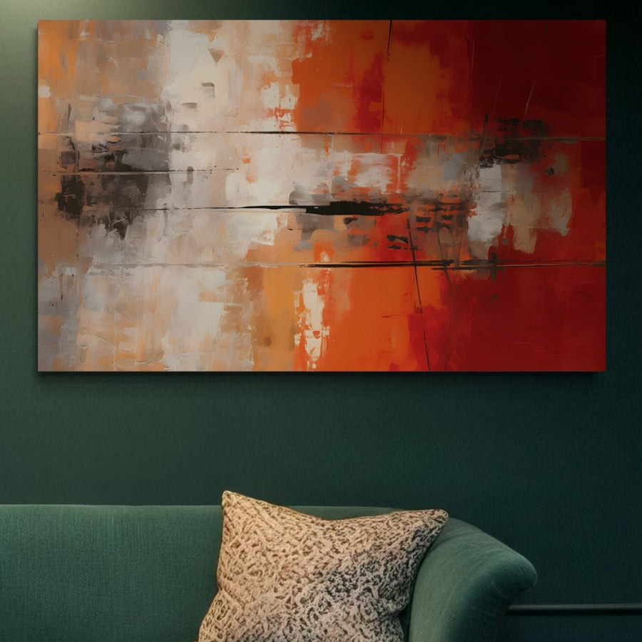 Tablou Canvas Premium LuxCanva® A1651, decorativ și abstract, cu linii negre și culori vibrante roșu, portocaliu, alb și gri pe pânză de bumbac premium, decorează elegant peretele verde închis din living.