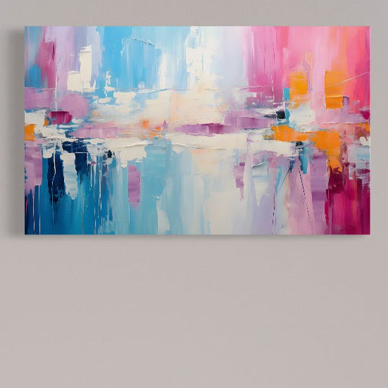 Tablou Canvas Premium LuxCanva® A1655, Pink Life: decor abstract cu nuanțe vibrante de roz, albastru, portocaliu și alb pe panza bumbac canvas de LuxCanva®, adăugând culoare modernă oricărui perete din camera de zi.