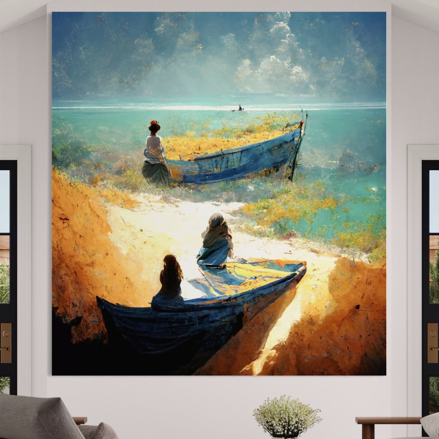 Tablou Canvas Premium LuxCanva® A1293, Women In The Boat, Living, Mare, Barci, Femei, Plaja, Dormitor, Culori Vibrante