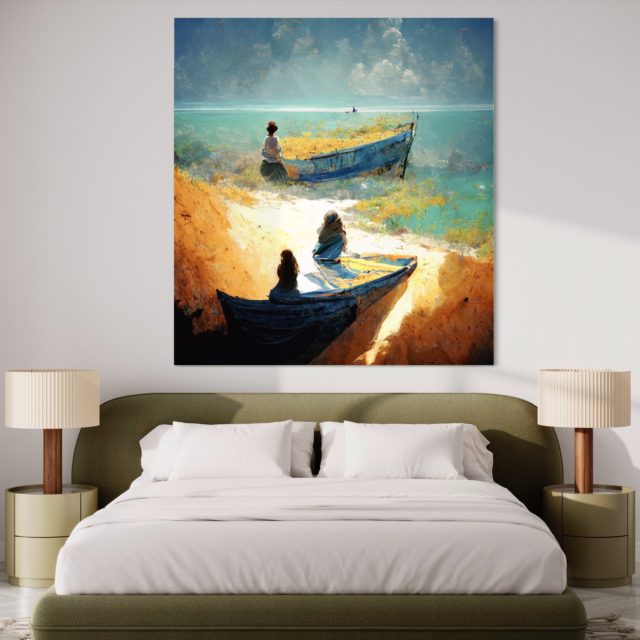 Tablou Canvas Premium LuxCanva® A1293, Women In The Boat, Living, Mare, Barci, Femei, Plaja, Dormitor, Culori Vibrante