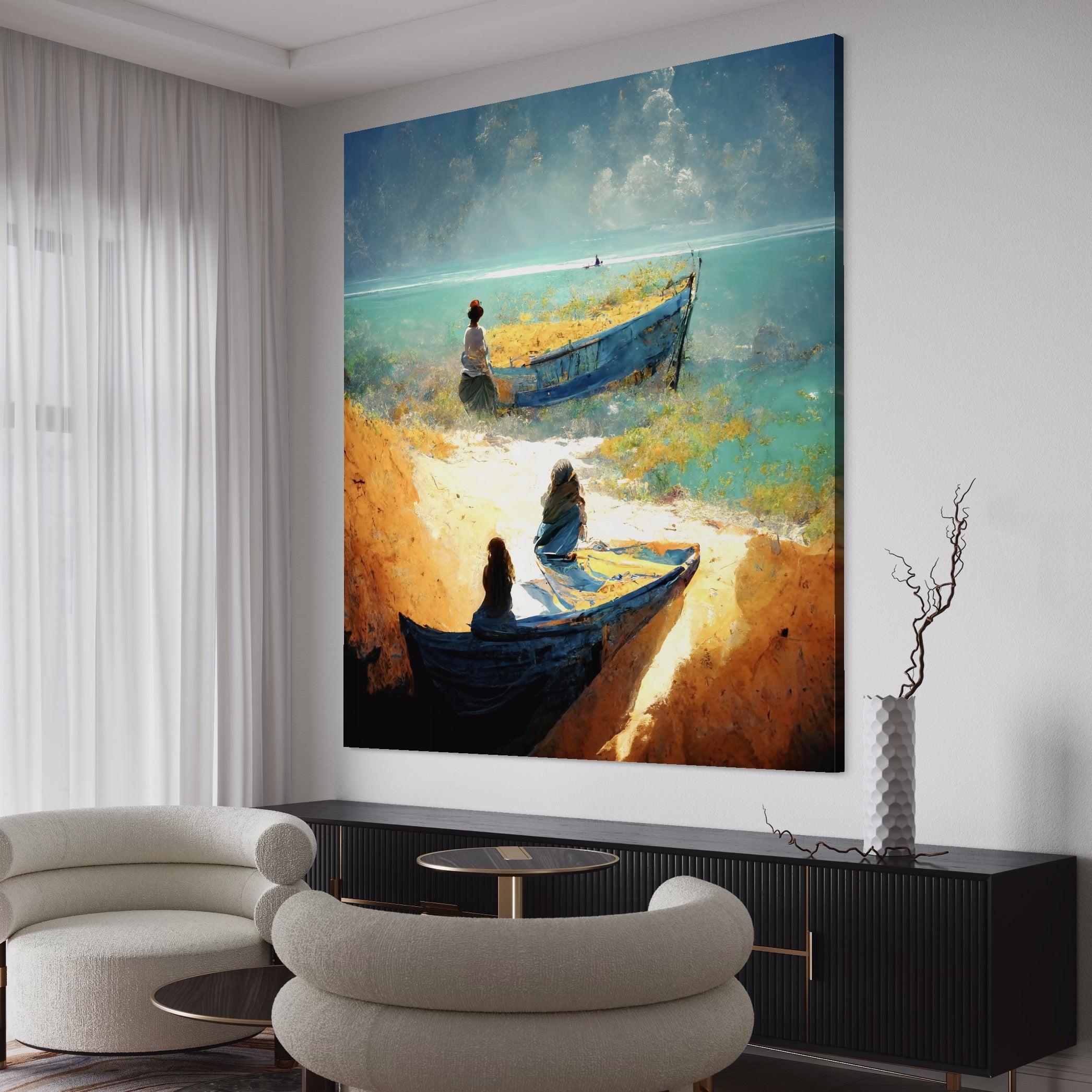 Tablou Canvas Premium LuxCanva® A1293, Women In The Boat, Living, Mare, Barci, Femei, Plaja, Dormitor, Culori Vibrante