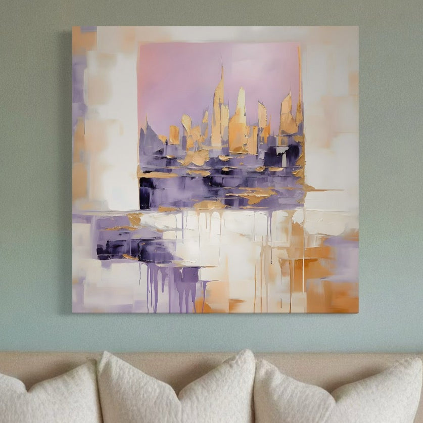 Tablou Canvas Premium LuxCanva® LuxCanva® A1657, 2xPics, cu design abstract cromatic în culori vibrante, decorează un perete din camera de zi deasupra unei canapele bej cu perne albe pentru un stil modern.