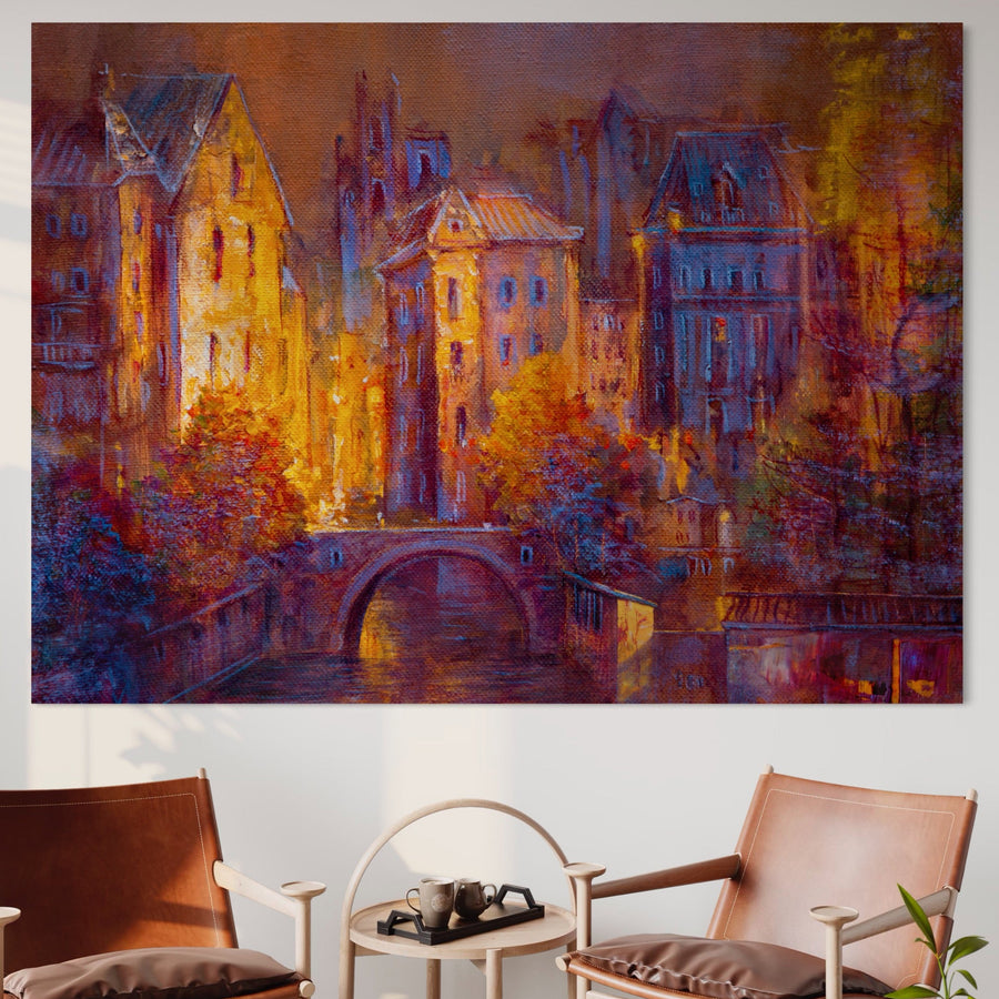 Tablou Canvas Premium LuxCanva® A1291, care înfățișează Orașul Vechi cu culori vibrante și un pod arcuit, aduce eleganță spațiului dvs. de zi sau dormitor cu imprimarea sa premium pe pânză de bumbac de la LuxCanva®.