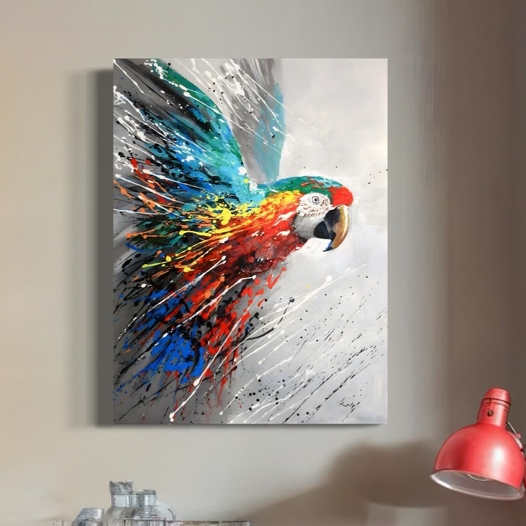 Tablou Canvas Premium LuxCanva® C1016, Papagal Zburand , Penaj Viu Colorat, Culori, Living, Camera Copilului, Birou, Relaxare, Culori Vibrante