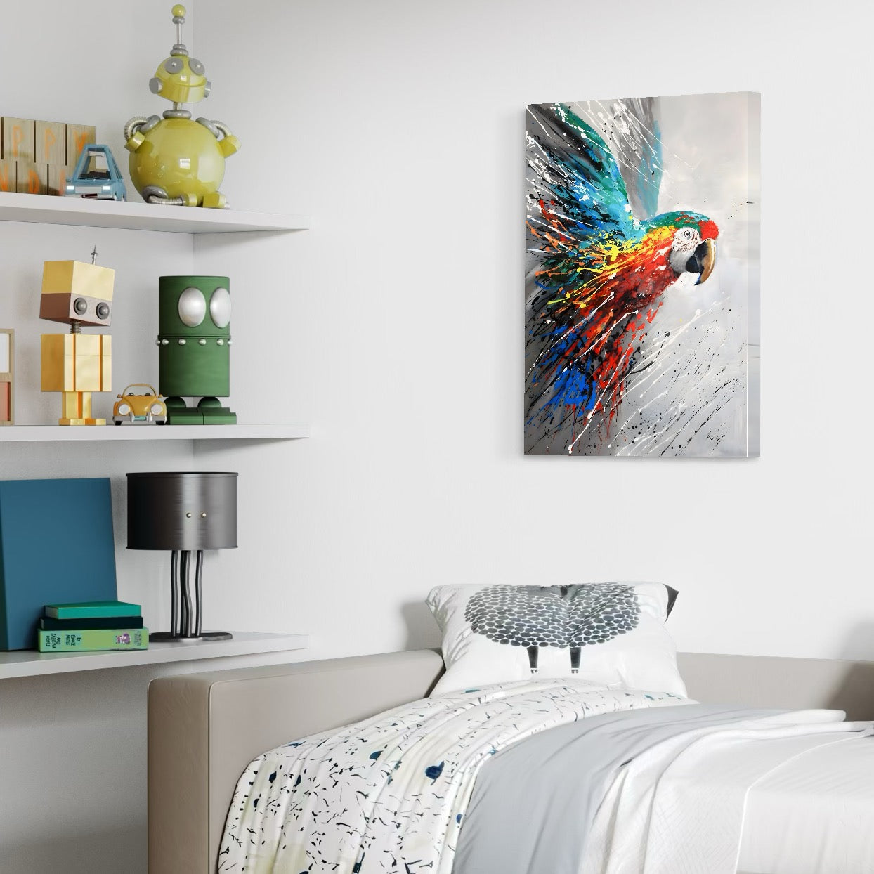 Tablou Canvas Premium LuxCanva® C1016, Papagal Zburand , Penaj Viu Colorat, Culori, Living, Camera Copilului, Birou, Relaxare, Culori Vibrante