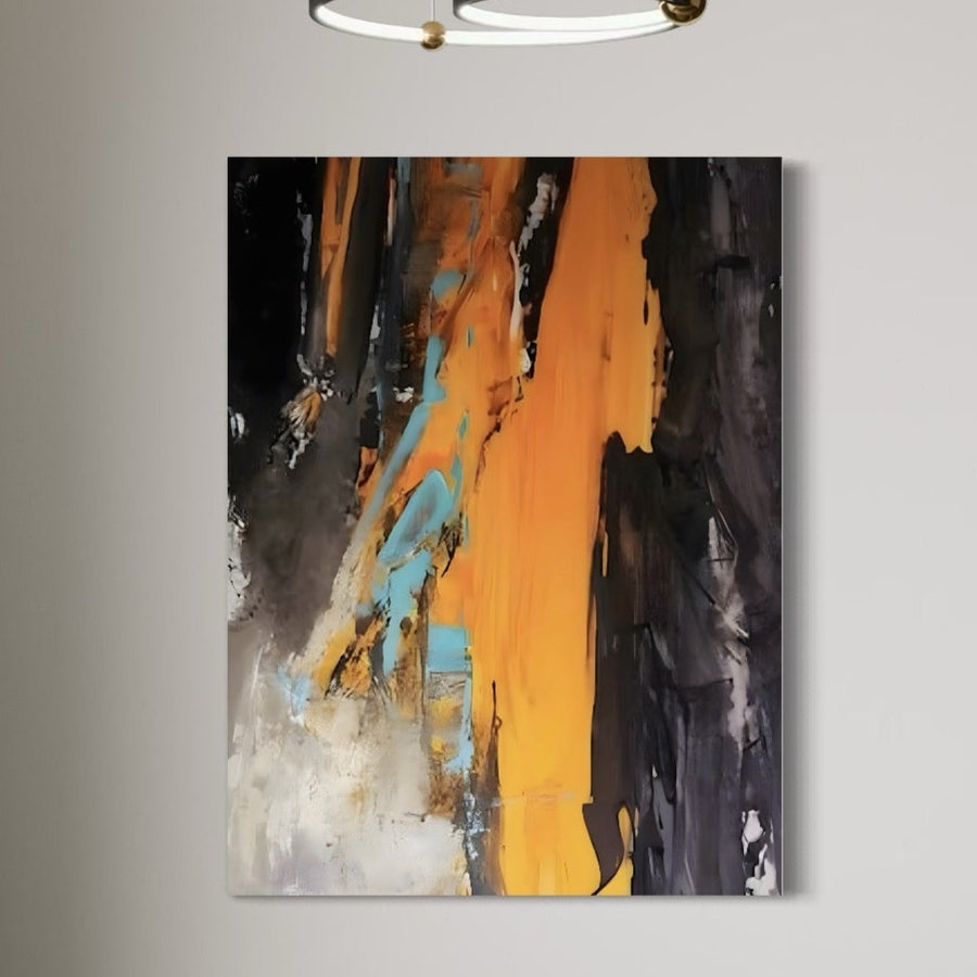 Tablou Canvas Premium LuxCanva® C1017, cu culori abstracte vibrante pe pinză, ideal pentru living sau birou, montat pe perete luminos sub un corp de iluminat modern.