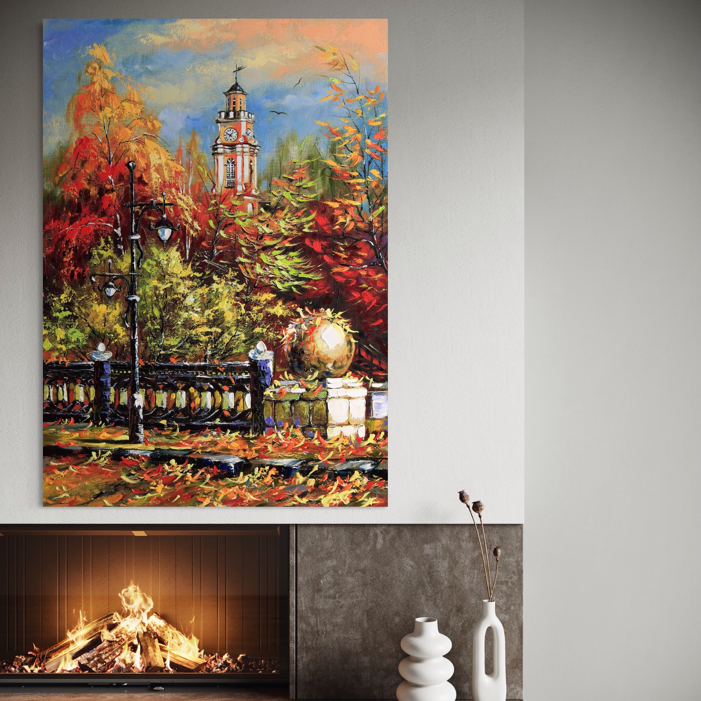 Tablou Canvas Premium LuxCanva® A1287, Cladirea Cu Ceas, Living, Toamna, Frunze, Copaci, Felinar, Dormitor, Culori Vibrante