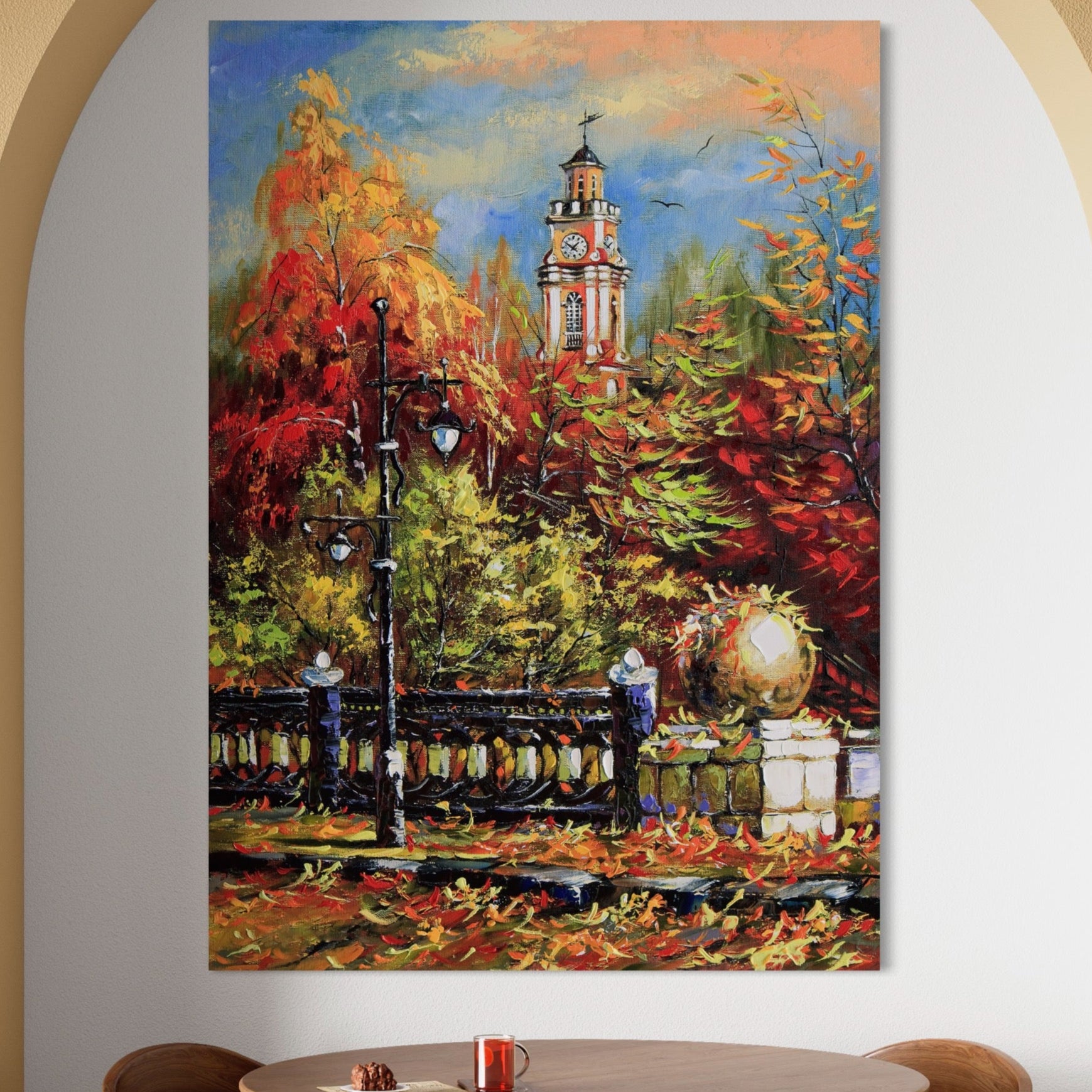 Tablou Canvas Premium LuxCanva® A1287, Cladirea Cu Ceas, Living, Toamna, Frunze, Copaci, Felinar, Dormitor, Culori Vibrante