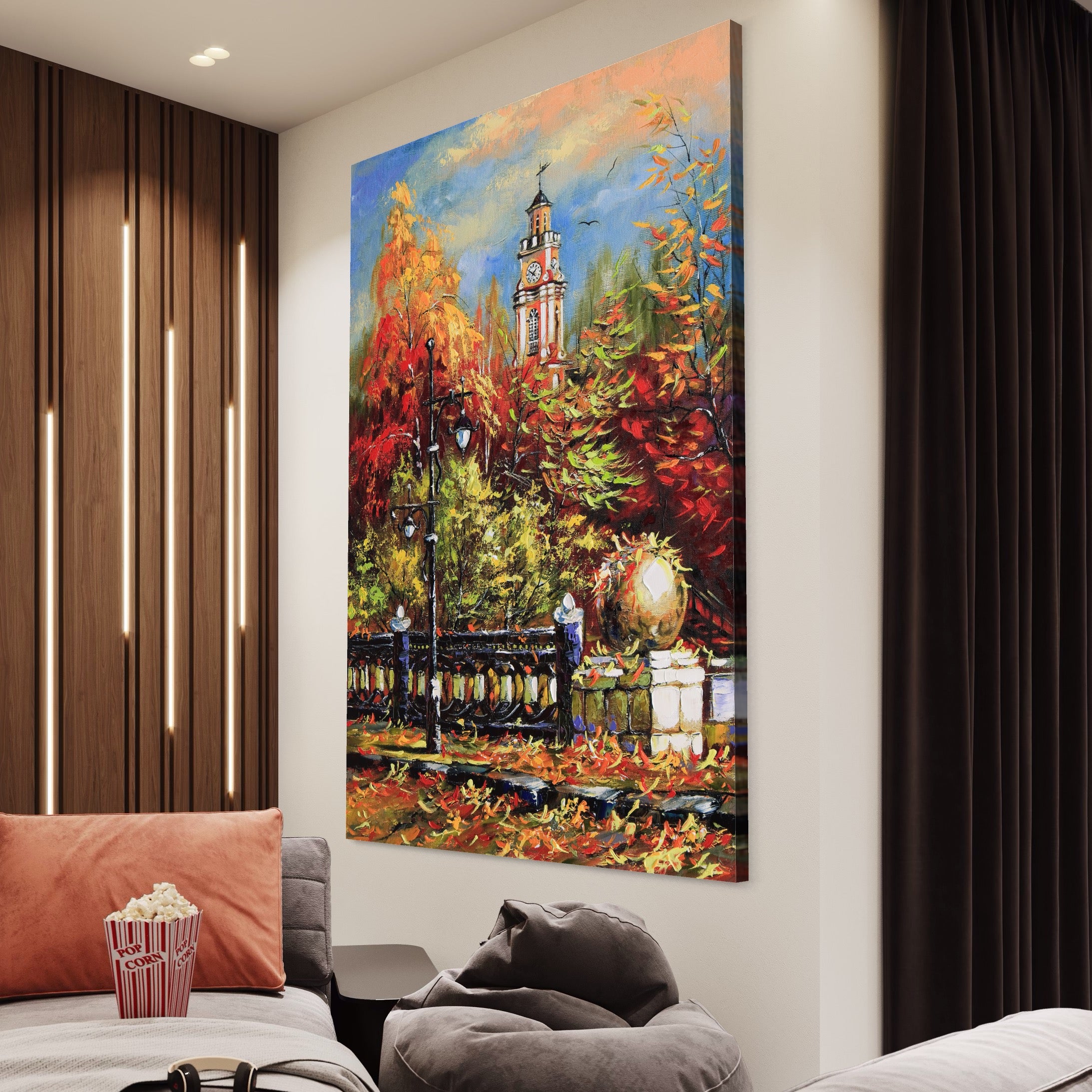 Tablou Canvas Premium LuxCanva® A1287, Cladirea Cu Ceas, Living, Toamna, Frunze, Copaci, Felinar, Dormitor, Culori Vibrante