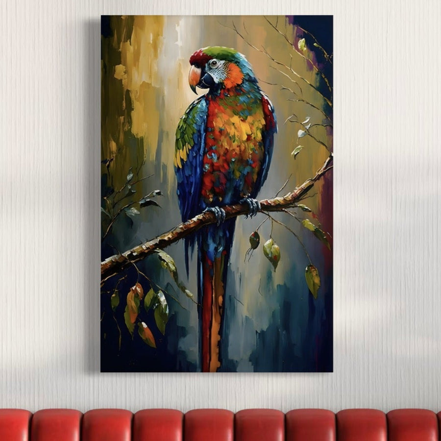 Tablou Canvas Premium LuxCanva® C1019, cu un papagal colorat pe o creangă și culori vibrante, decorează perfect camera copilului, dormitorul sau livingul, aducând veselie deasupra unei canapele roșii.