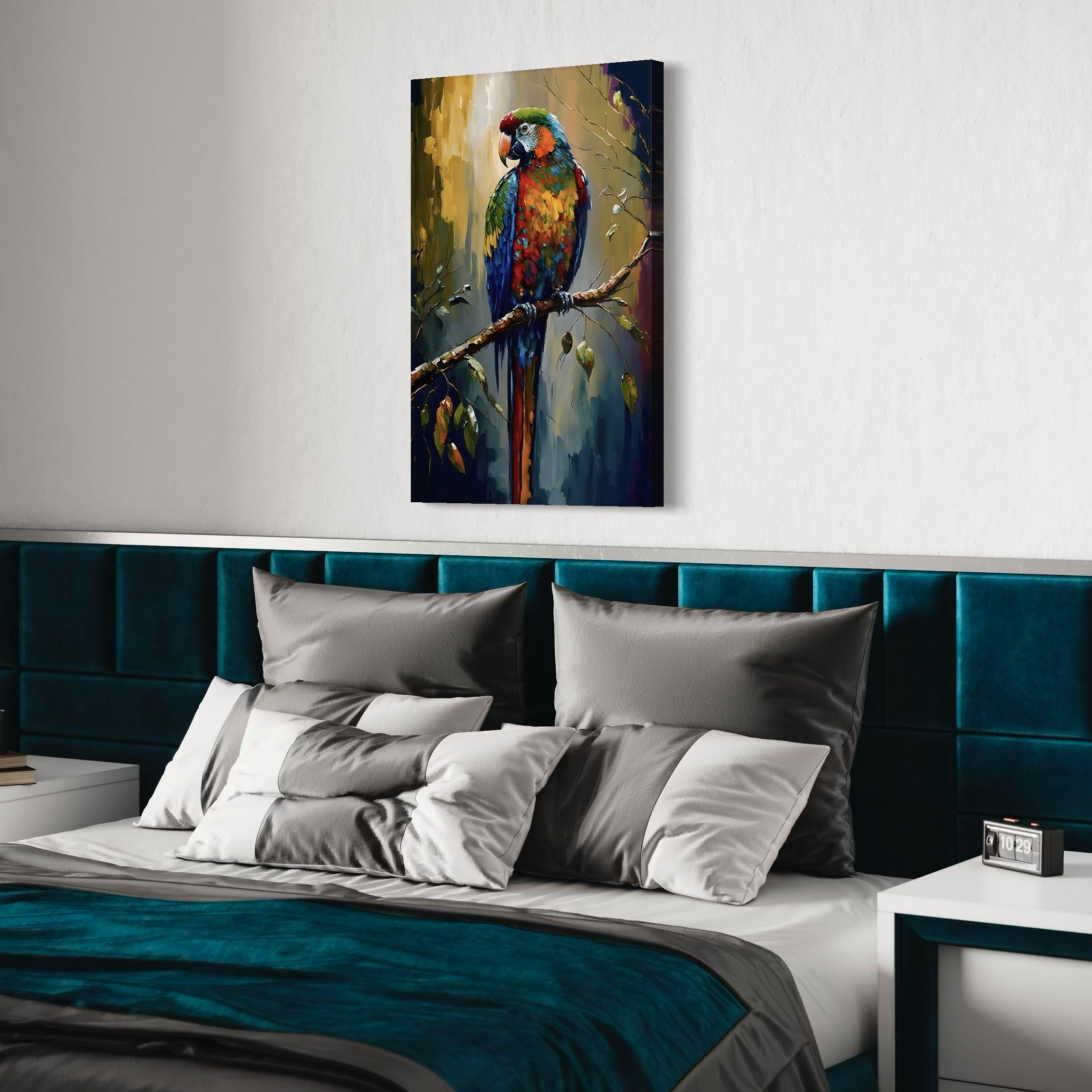 Tablou Canvas Premium LuxCanva® C1019, Papagal pe O Creanga , Culori, Camera Copilului, Dormitor, Living, Relaxare, Culori Vibrante