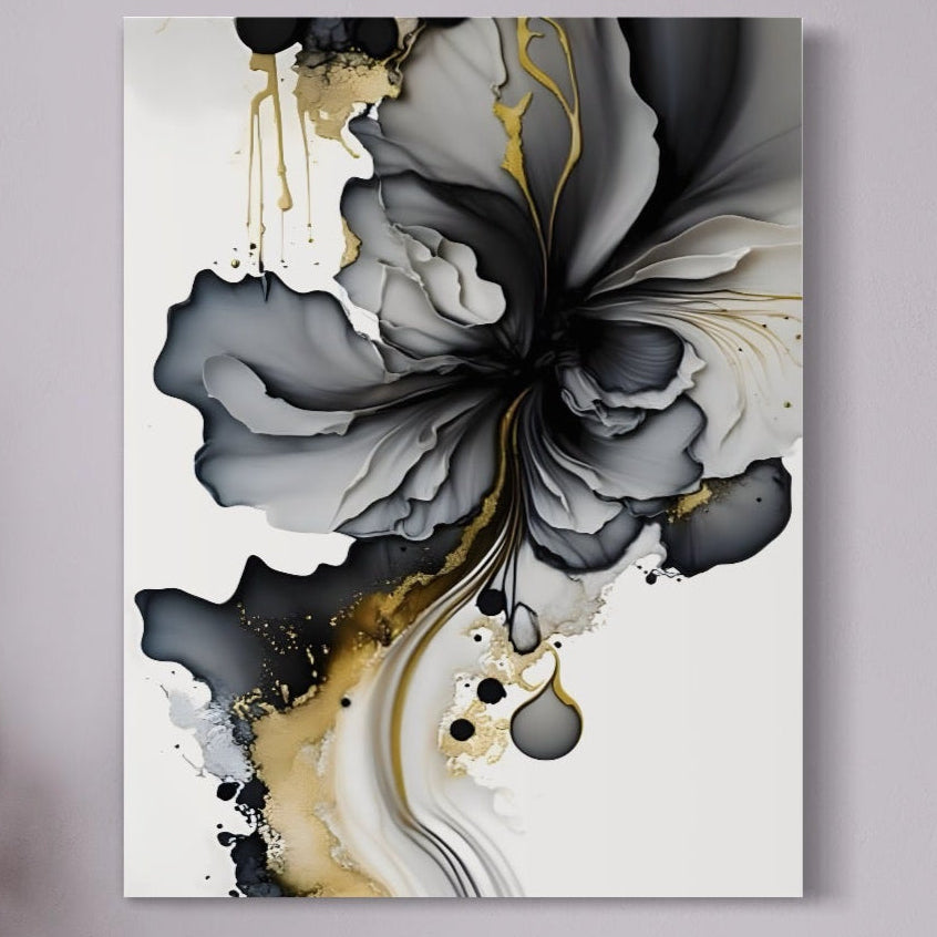 Tablou Canvas Premium LuxCanva® C1020, Black Rose, impresionează cu un design abstract: floare neagră și gri, accente aurii pe fundal alb. Potrivit pentru dormitor sau living, oferă culori vibrante și finisaje de calitate premium by LuxCanva®.
