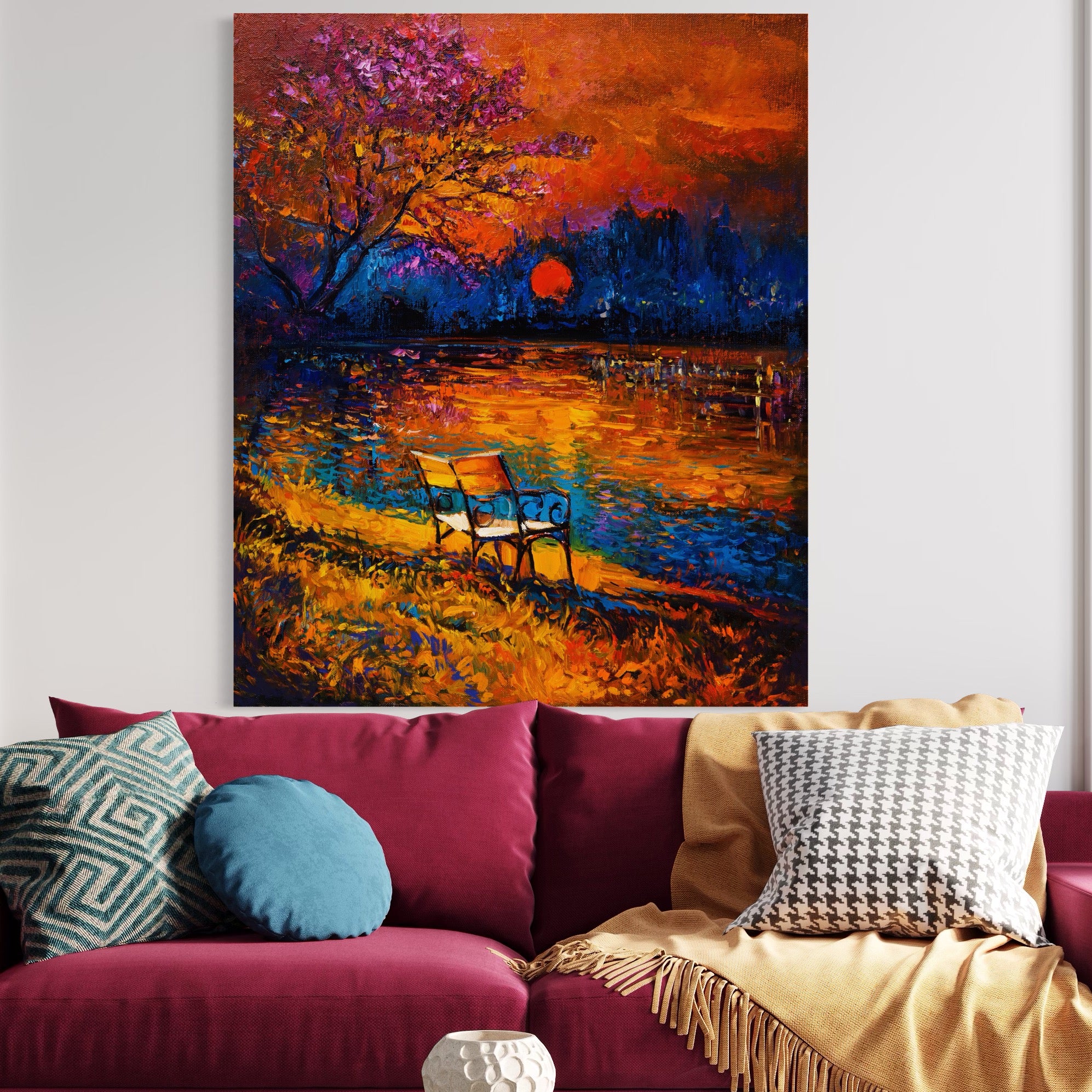 Tablou Canvas Premium LuxCanva® A1284, Luna Rosie, Living, Banca, Lac, Padure, Copac, Dormitor, Culori Vibrante