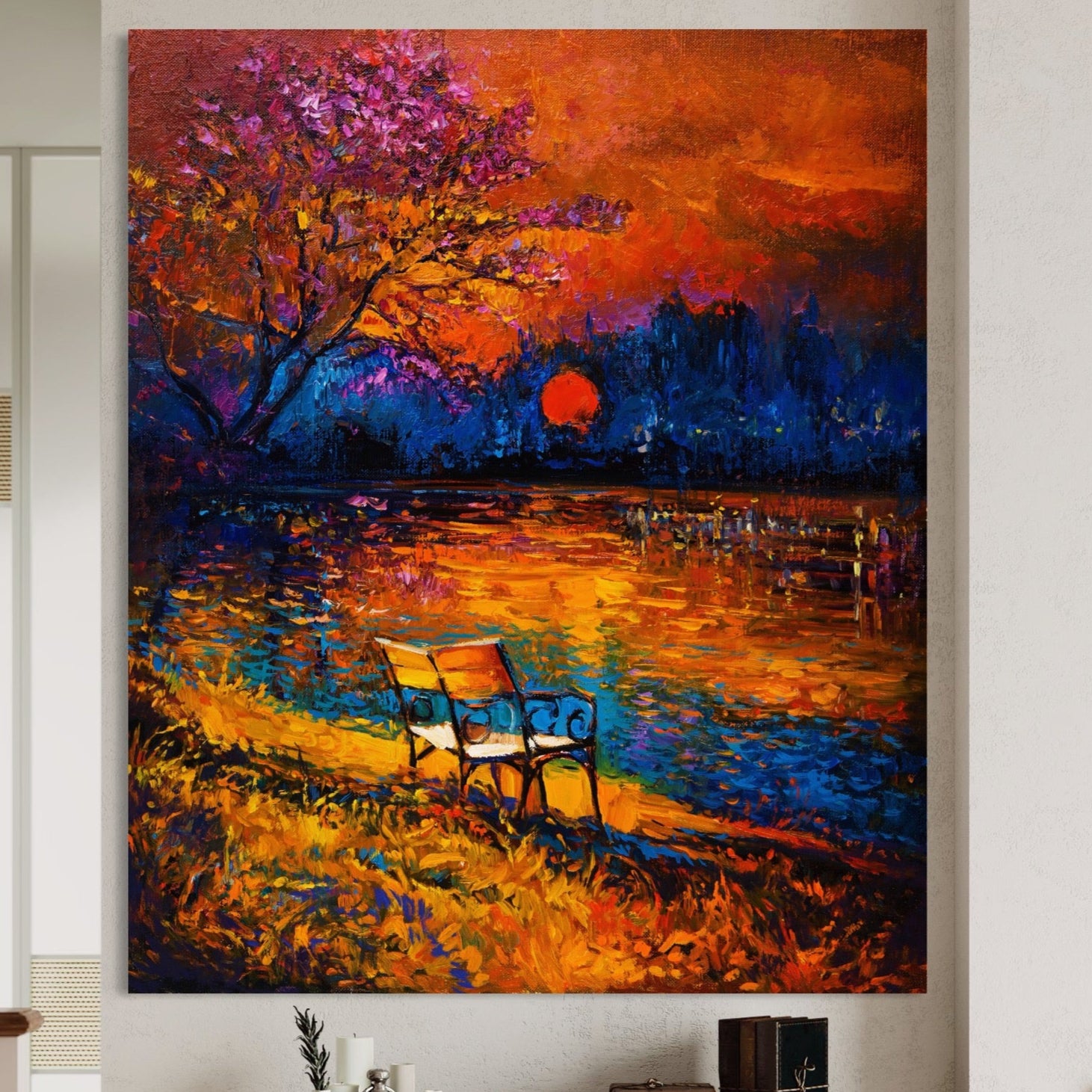 Tablou Canvas Premium LuxCanva® A1284, Luna Rosie, Living, Banca, Lac, Padure, Copac, Dormitor, Culori Vibrante