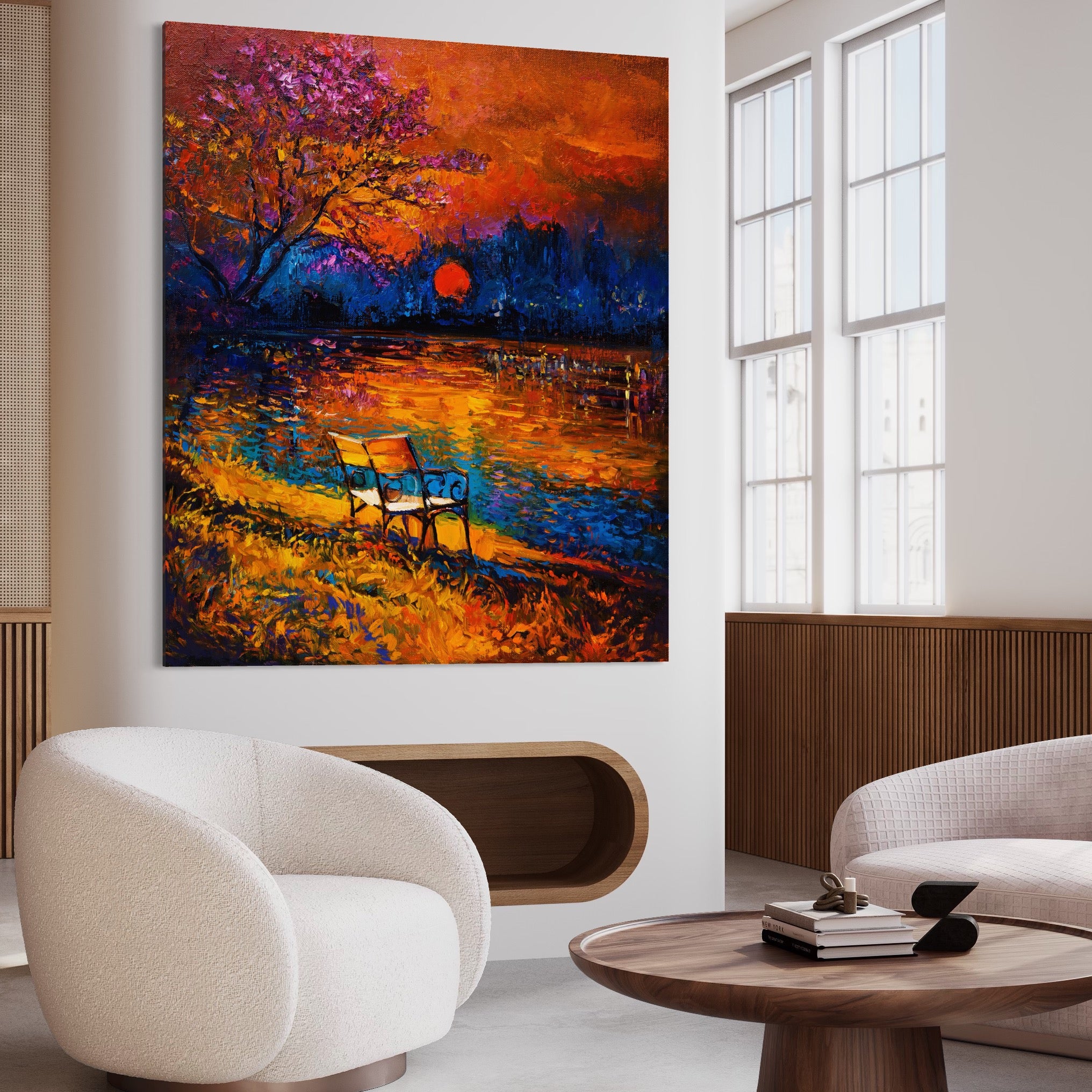 Tablou Canvas Premium LuxCanva® A1284, Luna Rosie, Living, Banca, Lac, Padure, Copac, Dormitor, Culori Vibrante