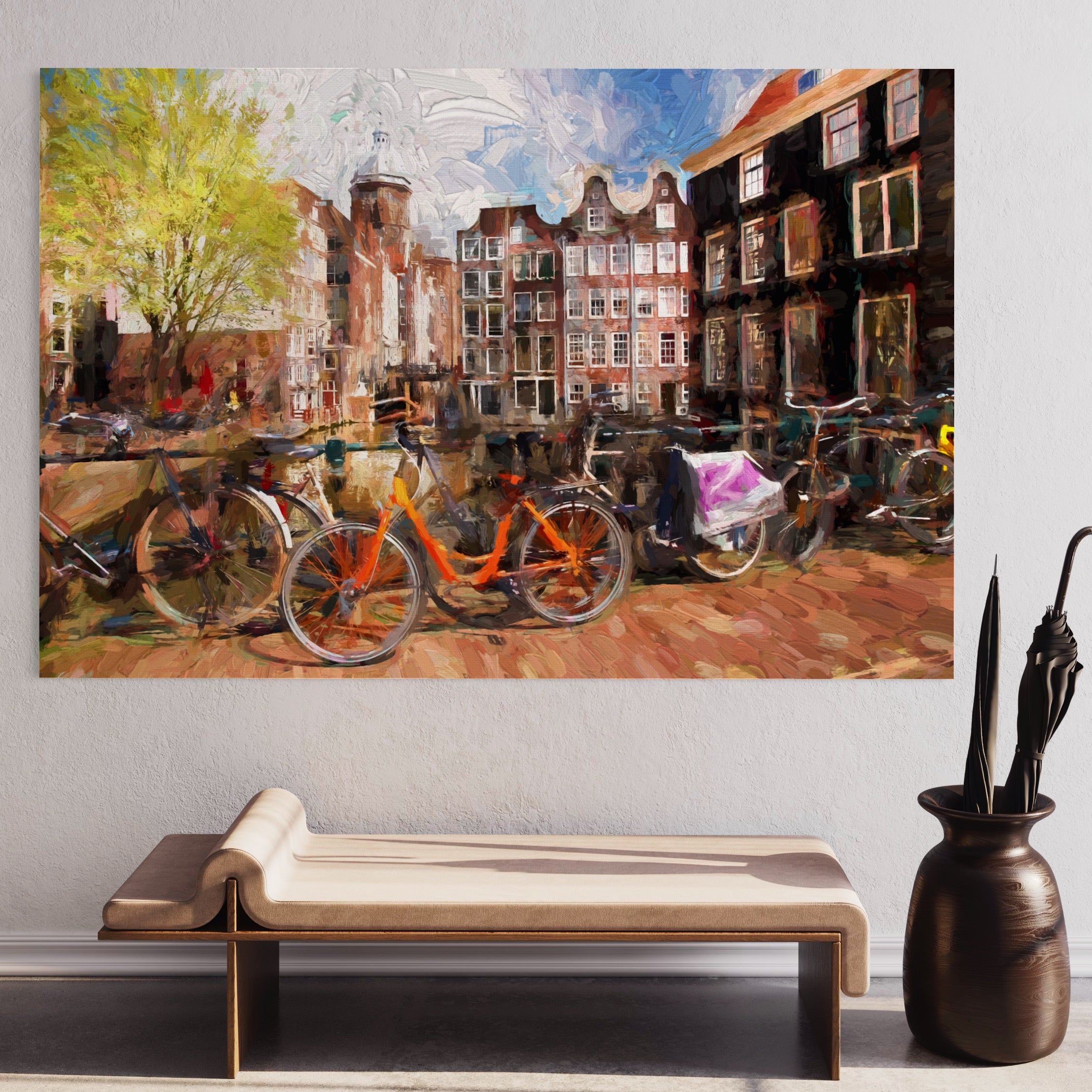 Tablou Canvas Premium LuxCanva® A1282, Bicicleta Portocalie, Living, Cladiri, Biciclete, Copac, Dormitor, Culori Vibrante