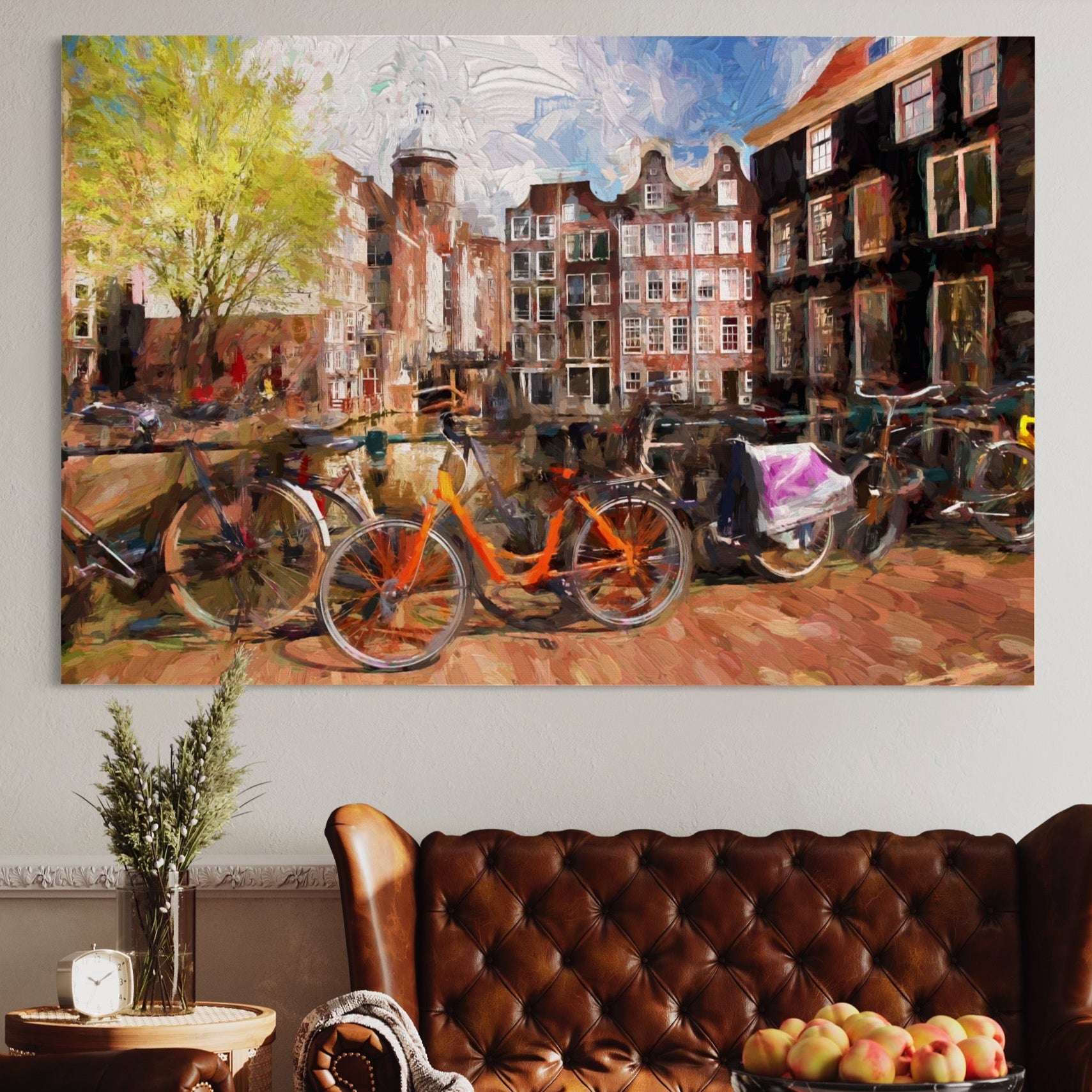 Tablou Canvas Premium LuxCanva® A1282, Bicicleta Portocalie, Living, Cladiri, Biciclete, Copac, Dormitor, Culori Vibrante