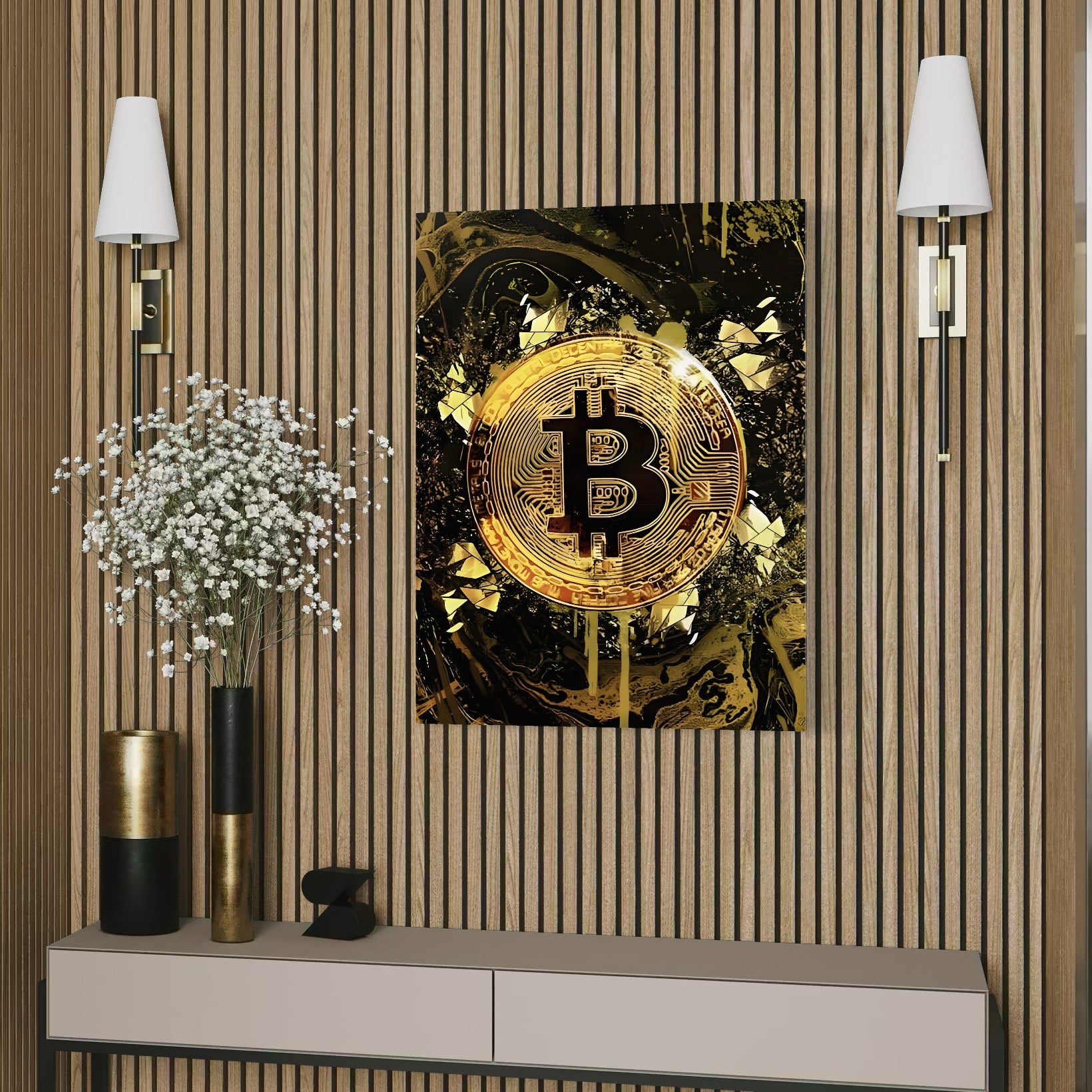 Tablou Canvas Premium LuxCanva® C1023 Golden Bitcoin , Culori, Bitcoin, Moneda Virtulala, Dormitor, Living, Relaxare, Culori Vibrante