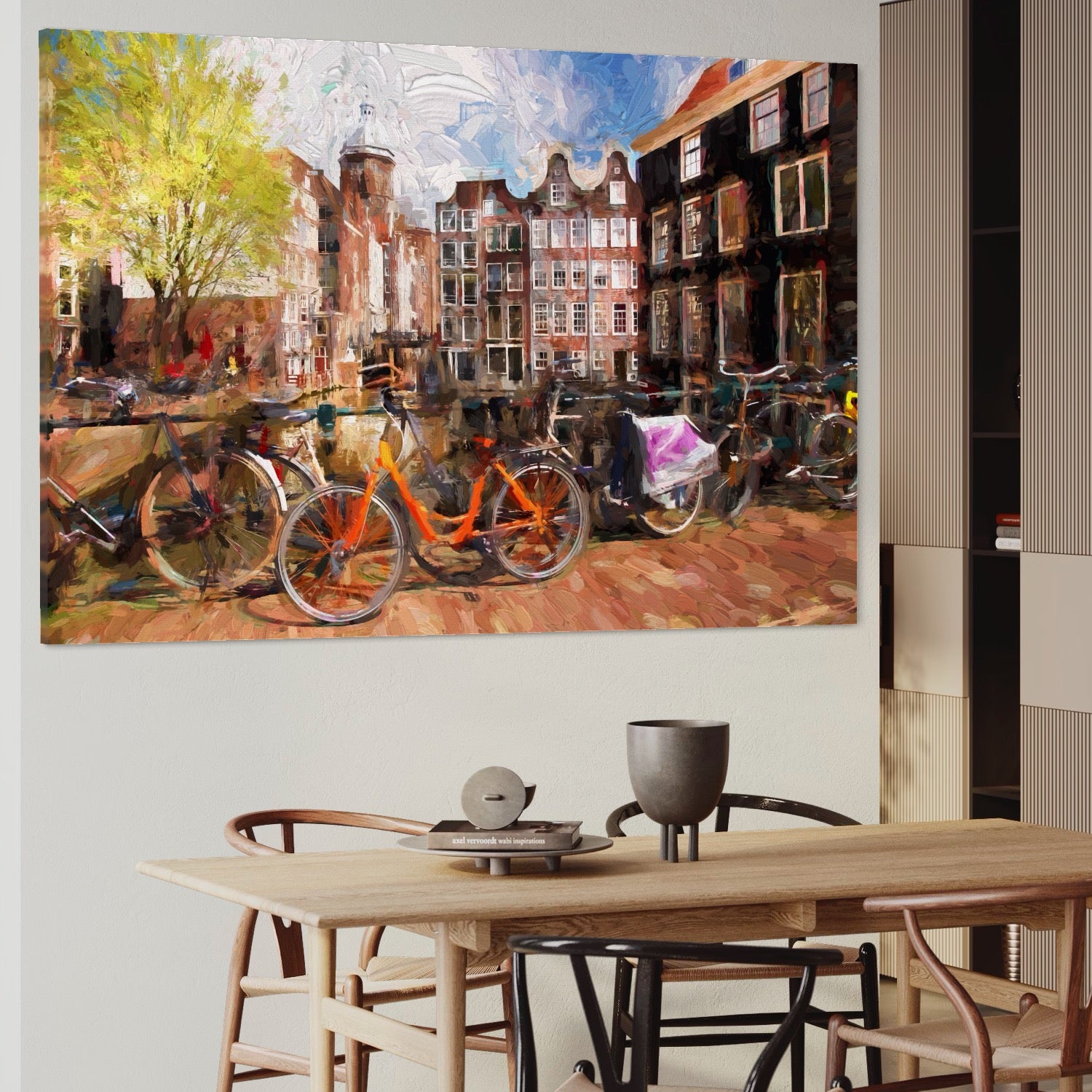 Tablou Canvas Premium LuxCanva® A1282, Bicicleta Portocalie, Living, Cladiri, Biciclete, Copac, Dormitor, Culori Vibrante