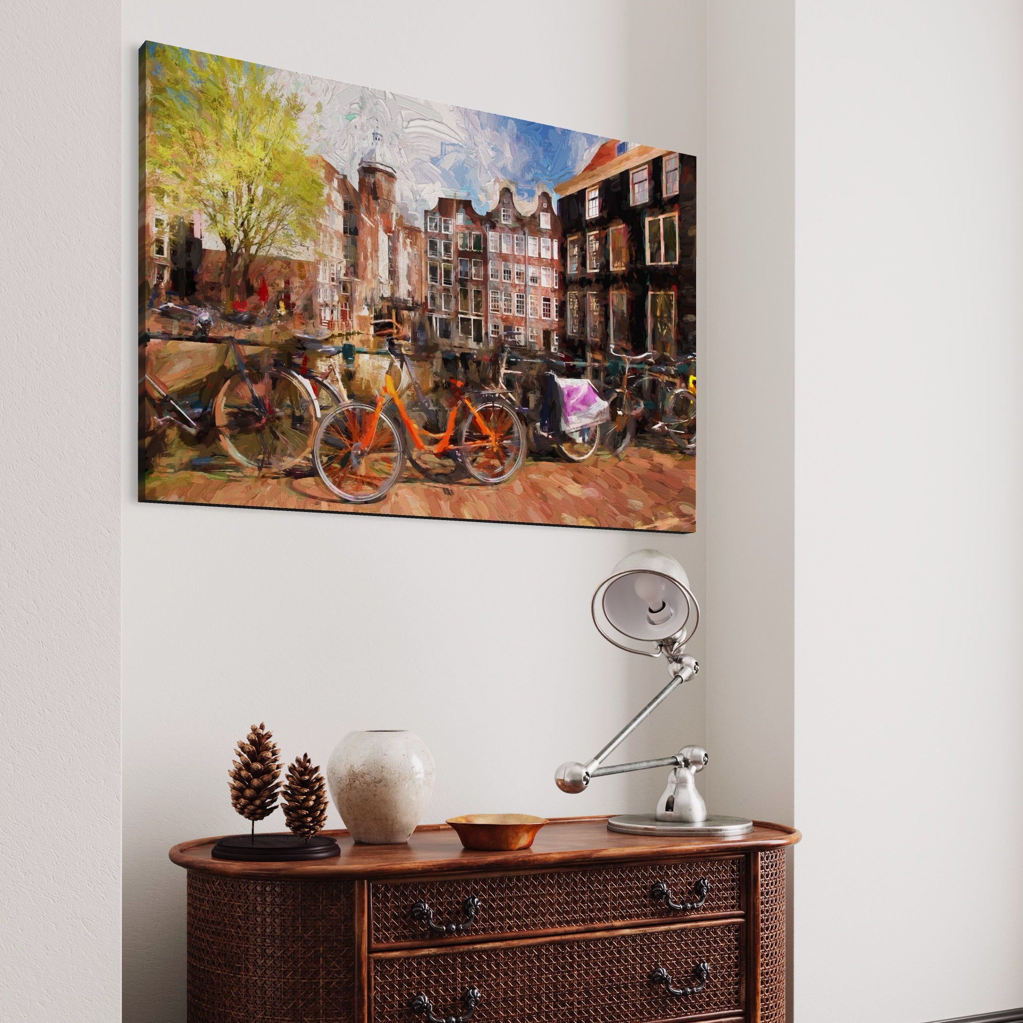 Tablou Canvas Premium LuxCanva® A1282, Bicicleta Portocalie, Living, Cladiri, Biciclete, Copac, Dormitor, Culori Vibrante