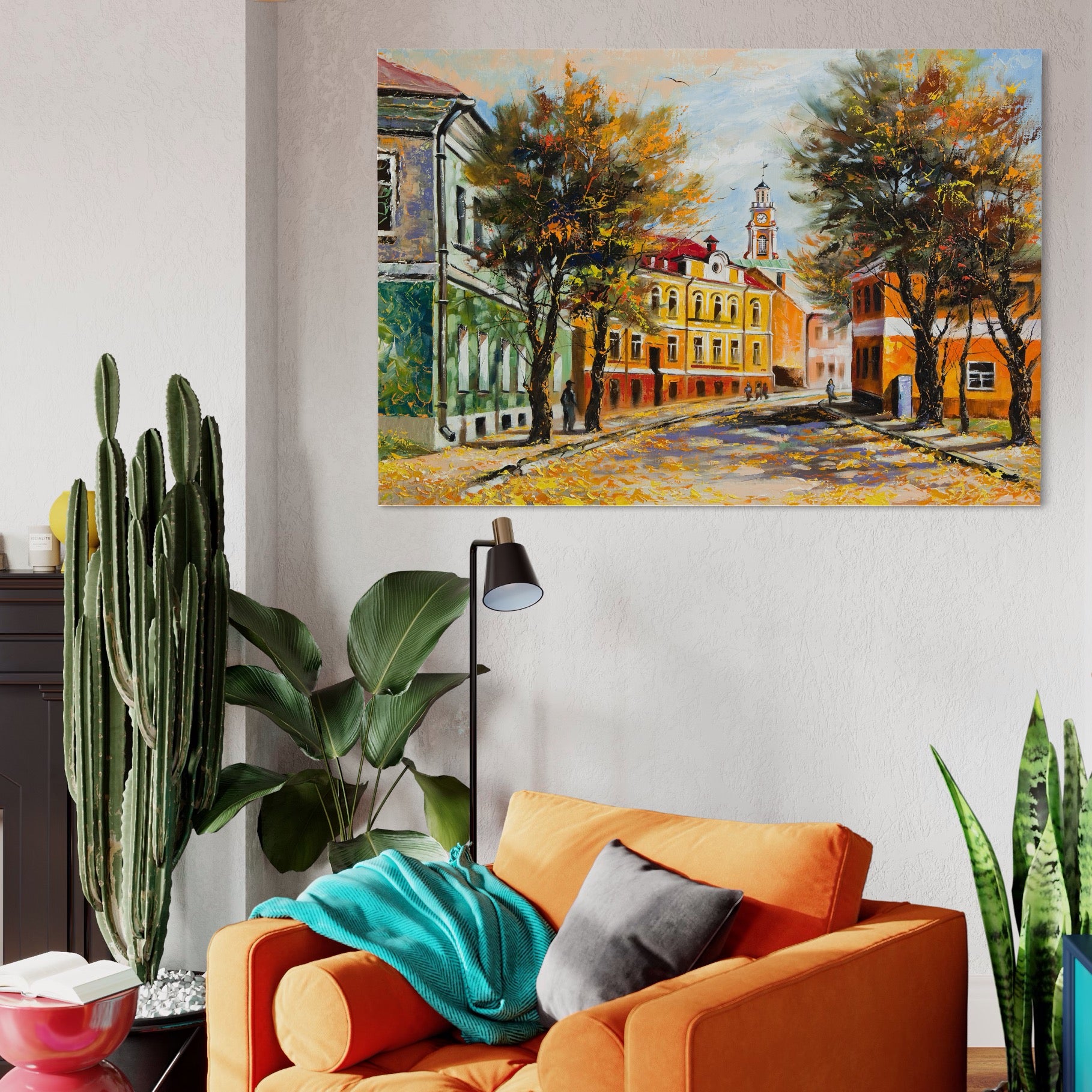 Tablou Canvas Premium LuxCanva® A1281, Oras La Ceas De Toamna, Living, Oameni, Cladiri, Strada, Dormitor, Culori Vibrante
