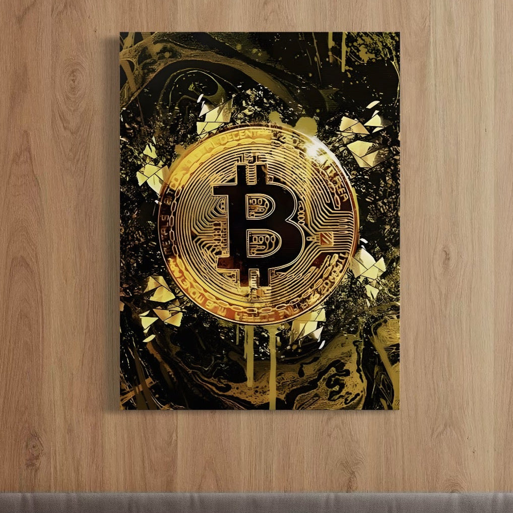 Tablou Canvas Premium LuxCanva® C1023 Golden Bitcoin , Culori, Bitcoin, Moneda Virtulala, Dormitor, Living, Relaxare, Culori Vibrante