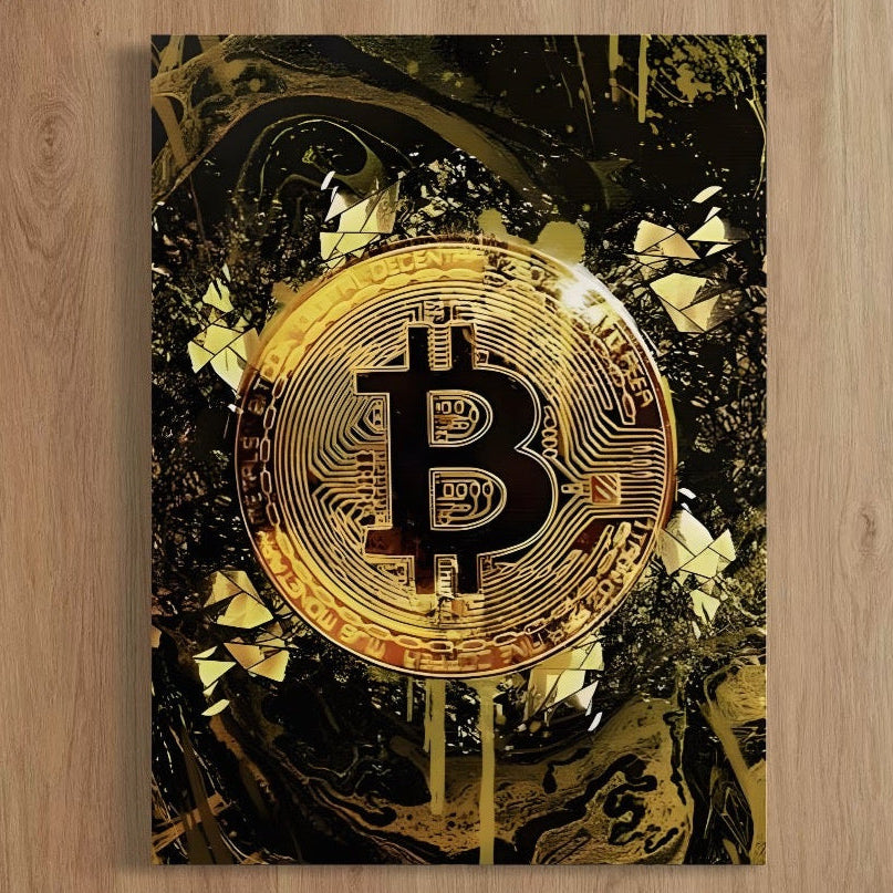 Decorează-ți spațiul cu Tablou Canvas Premium LuxCanva® C1023 Golden Bitcoin - prezentând un simbol Bitcoin auriu vibrant pe un fundal abstract închis. Printuri premium pe pânză bumbac, ideal pentru dormitor sau living. Brand: LuxCanva®.