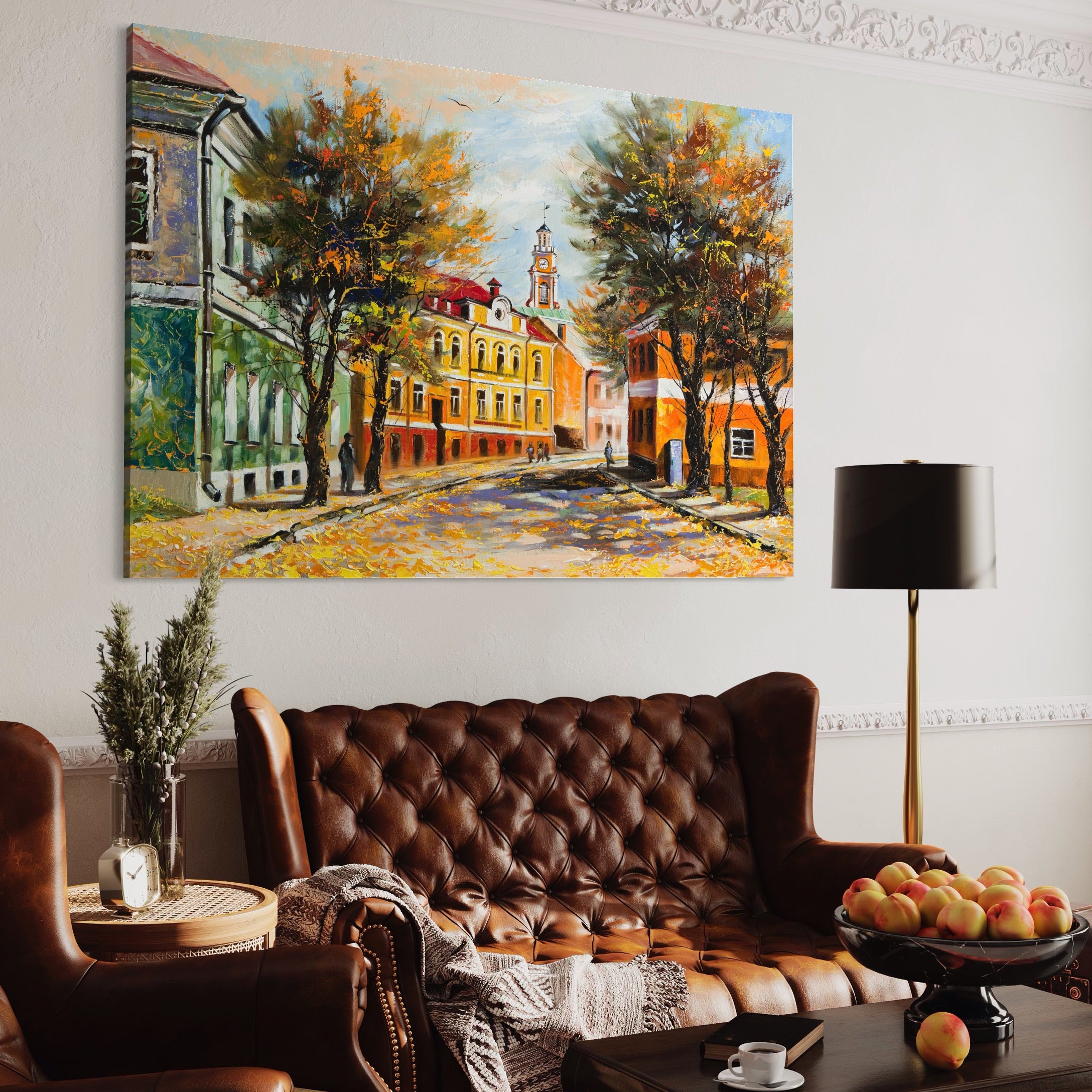 Tablou Canvas Premium LuxCanva® A1281, Oras La Ceas De Toamna, Living, Oameni, Cladiri, Strada, Dormitor, Culori Vibrante